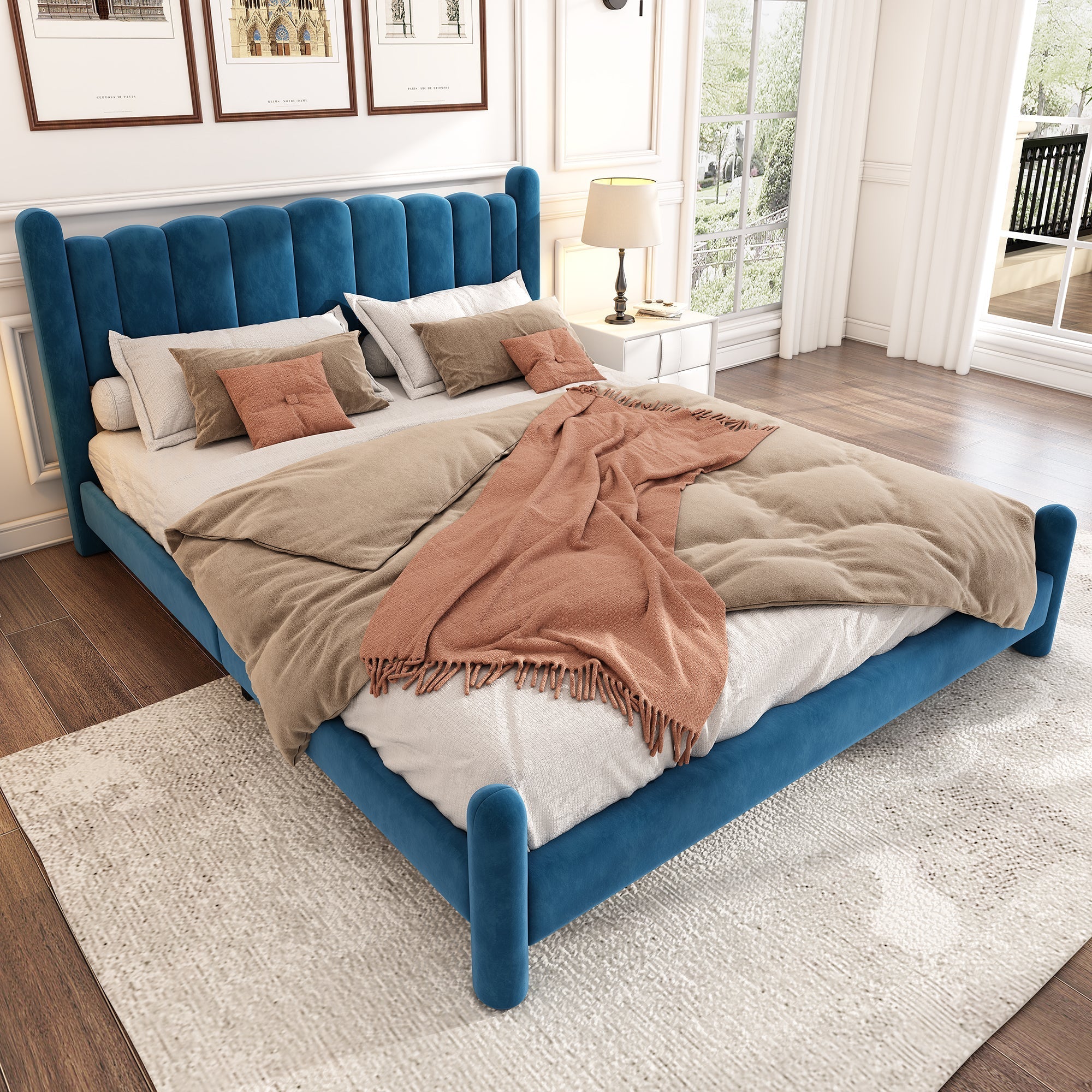 Upholstered Bed with Fan-Shaped Headboard and Slatted Base, 160x200cm, Blue Velvet