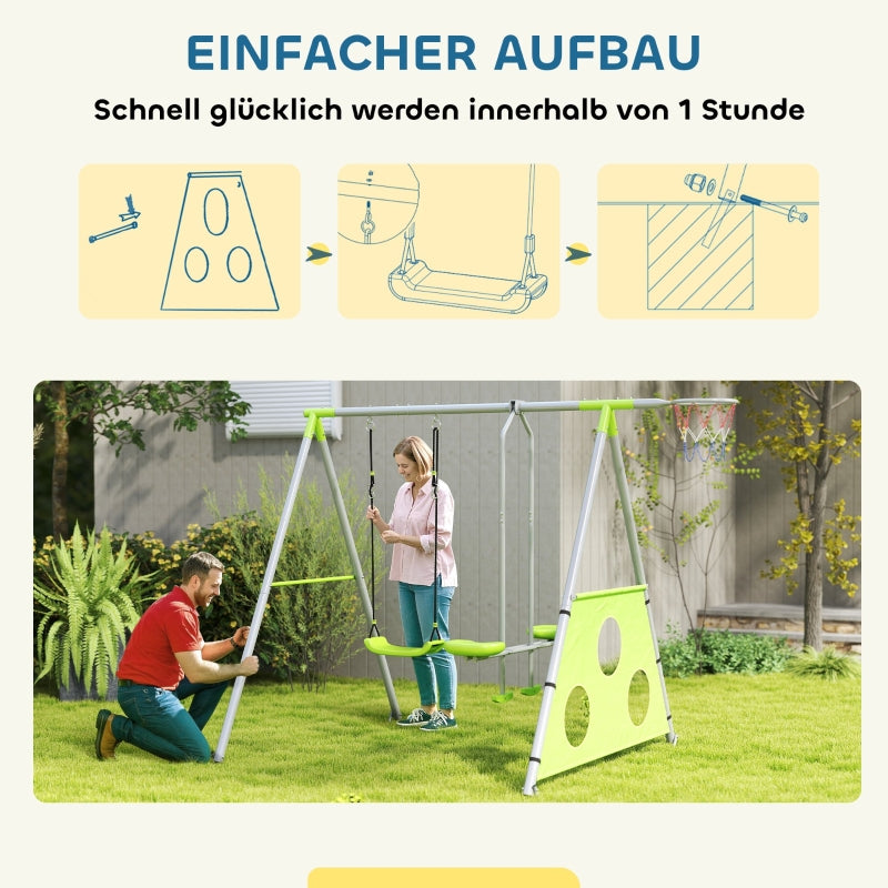 AIYAPLAY 3 in 1 Swing Set, Outdoor with 2 Swings, Basketball Hoop, Soccer Goal, Metal Frame