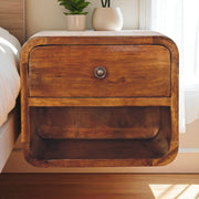 Floating Bedside, Mini Curve 1 Drawer Open Slot, Solid Wood Dark Brown