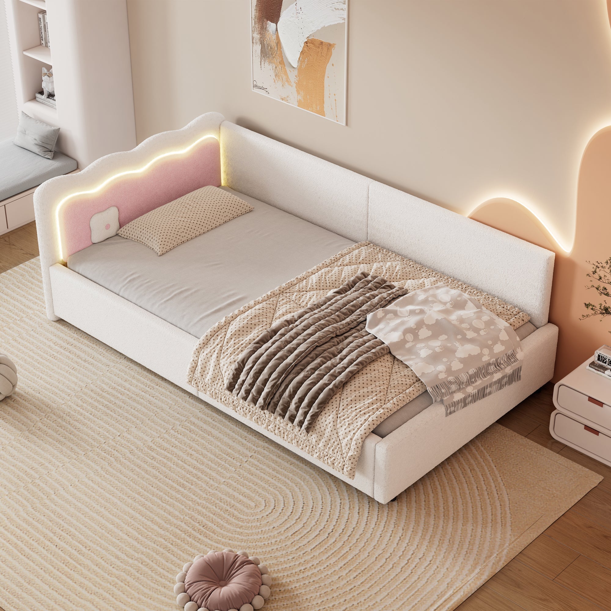 Daybed Sofa Bed 90x200cm LED Remote Control - White Imitation Fleece