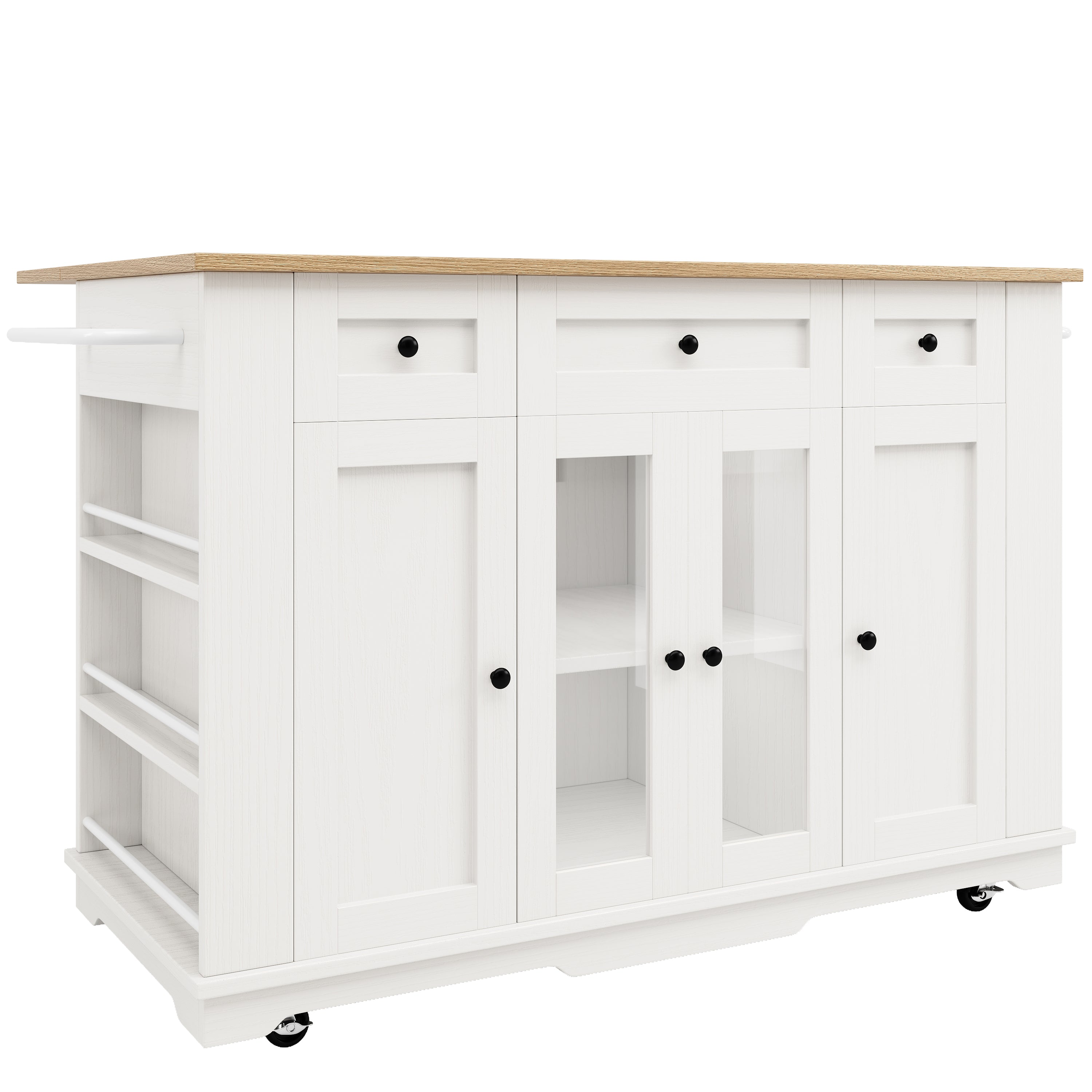 Kitchen Island Cabinet Worktop Storage Tempered Glass White
