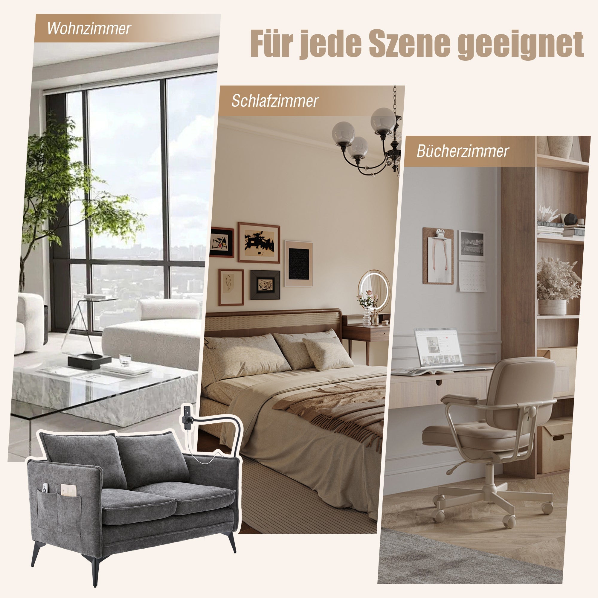 Modern Double Sofa, Small Fabric Armchair with Storage Side Pocket & Adjustable Phone Holder, Fabric