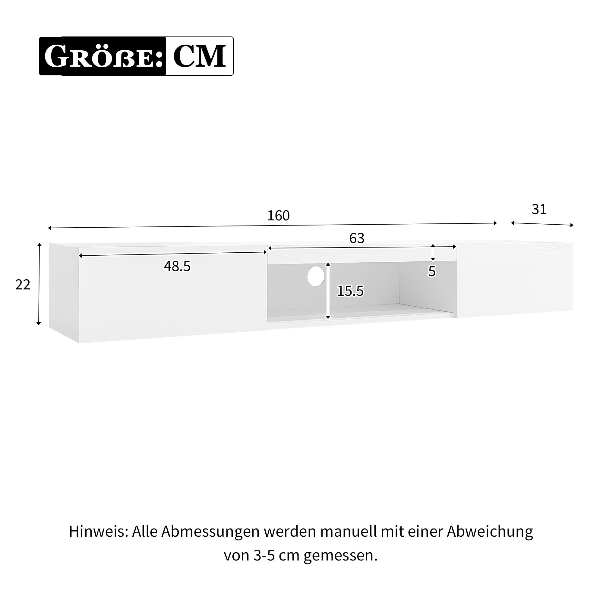 Wall Cabinet, 160x31x22cm for 70-inch TV, 30kg load, LED lighting, Bluetooth APP, high-gloss white