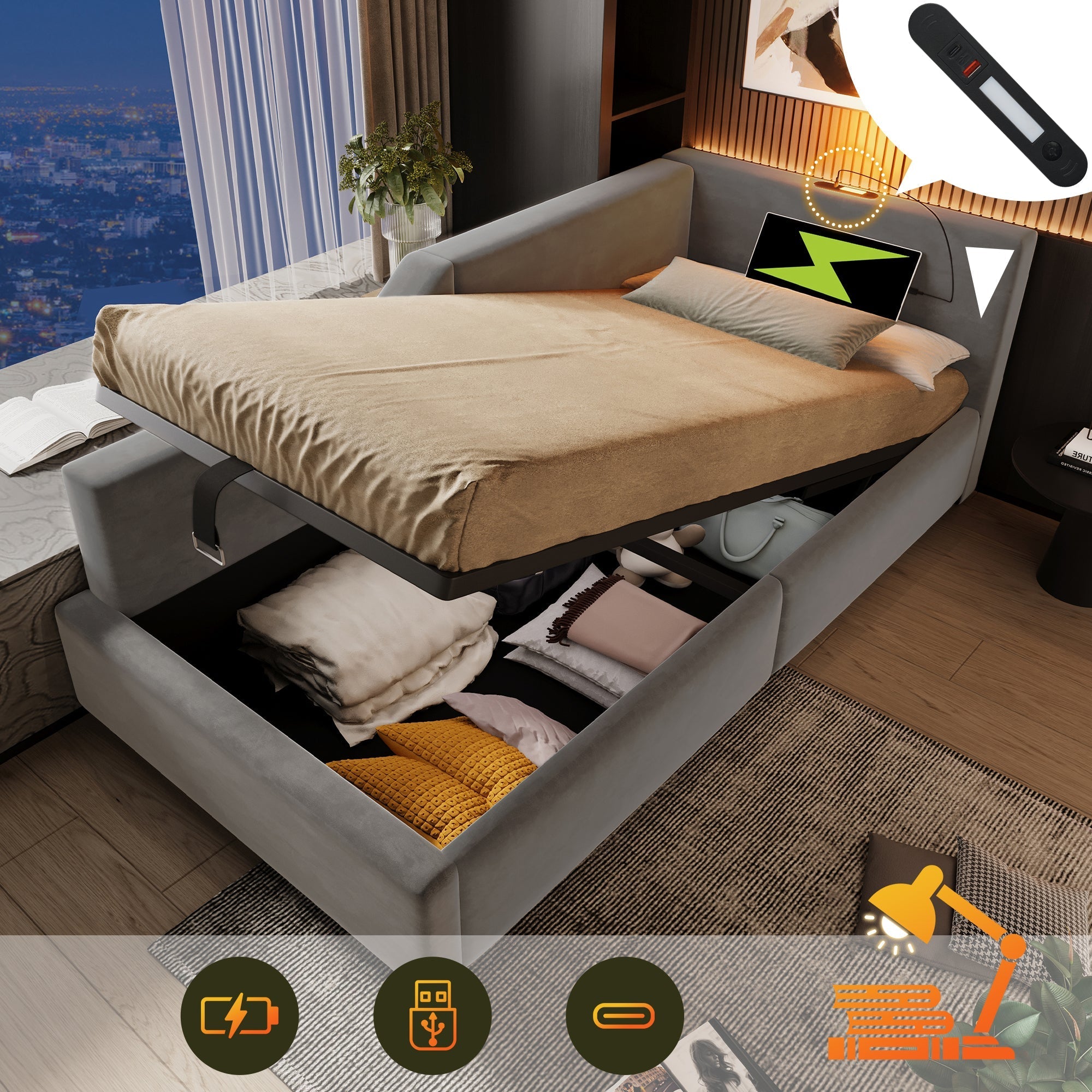 Upholstered Daybed 90x200cm, Sofa Bed with Hydraulic Storage, Reading Light, USB-C, Velvet Grey