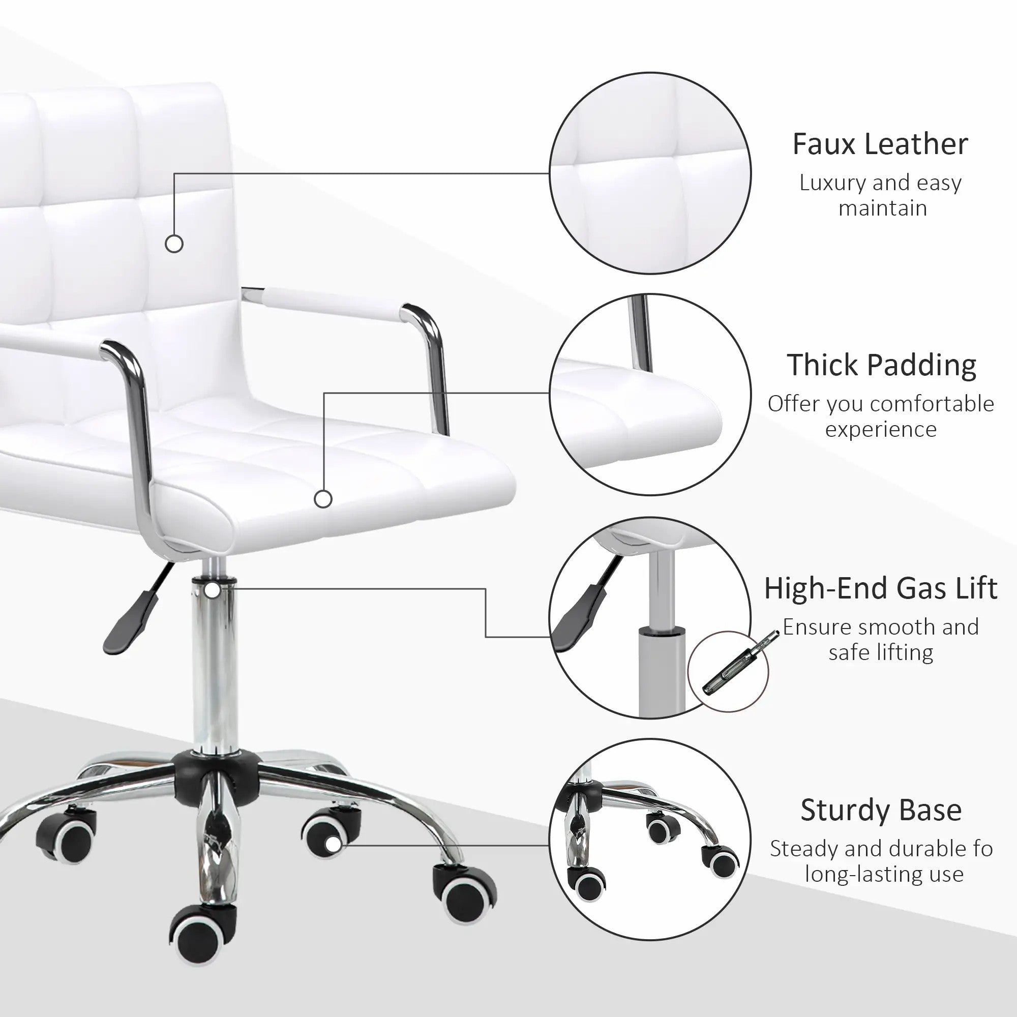 Office Chair Mid Back Computer Chair Swivel with Adjustable Height and Armrest PU Leather, White