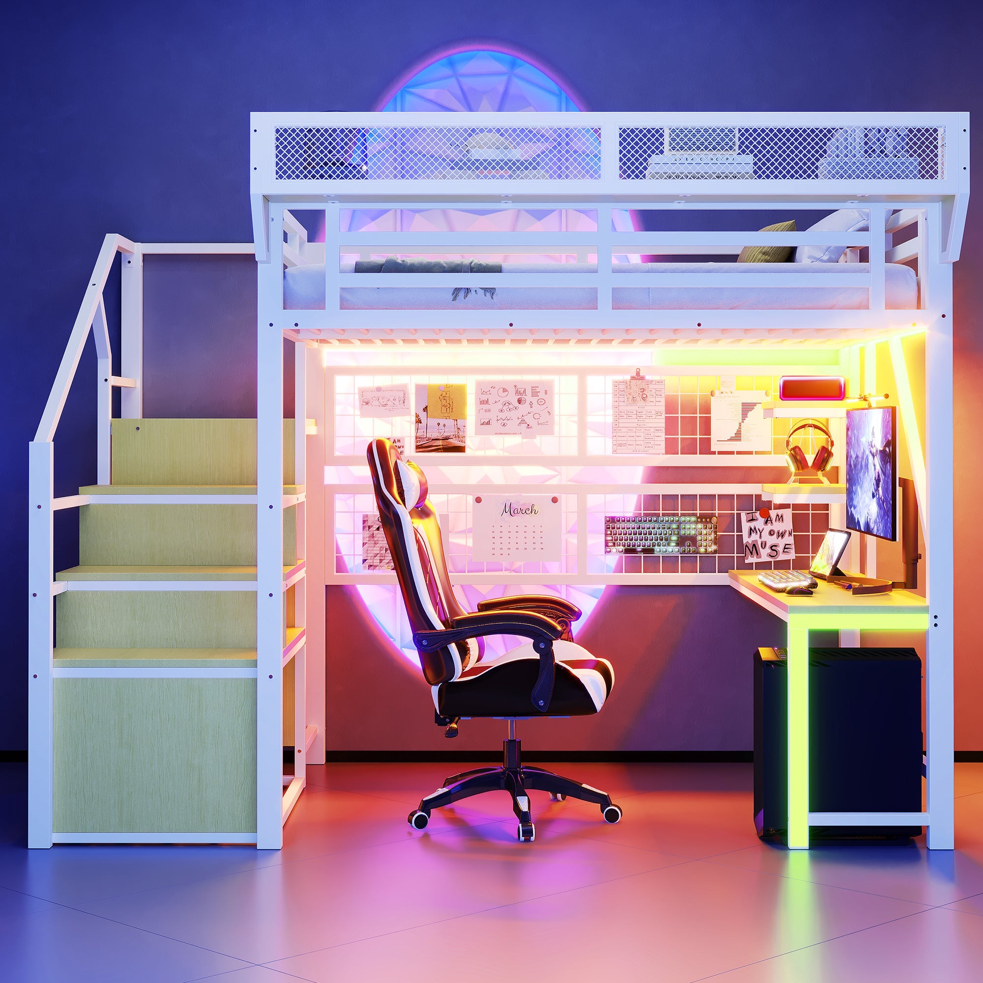 Metal Loft Bed with Desk, Shelf, Storage Net, LED and Socket, 140x200cm, White Metal