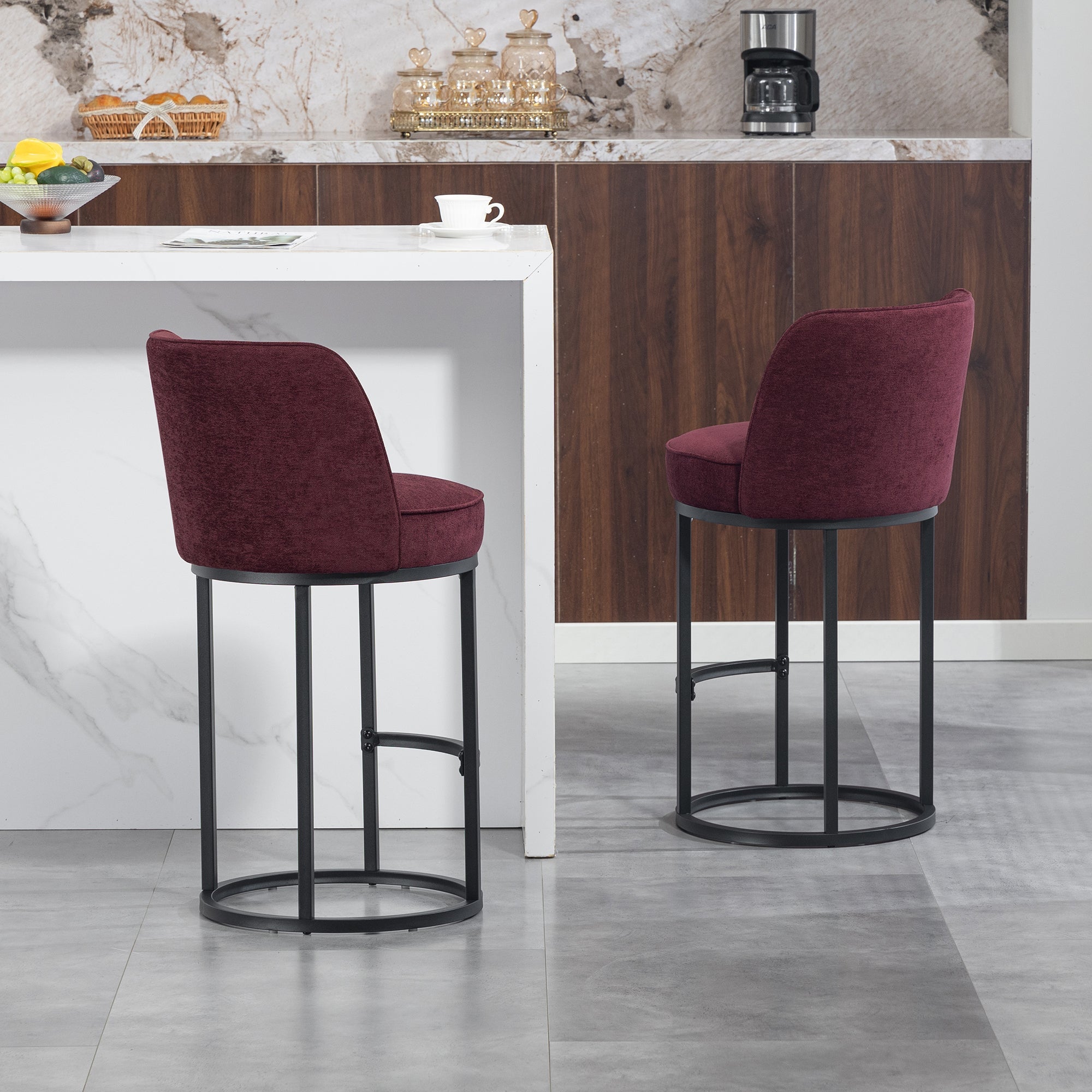 Bar Stools Duo Set with Ergonomic Backrest and Metal Legs, Linen Upholstery