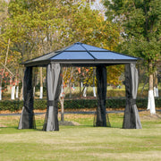 3 x 3m Hardtop-Pavillon mit Polycarbonatdach & Netz-/Vorhängen, Aluminiumrahmen, Dunkelgrau