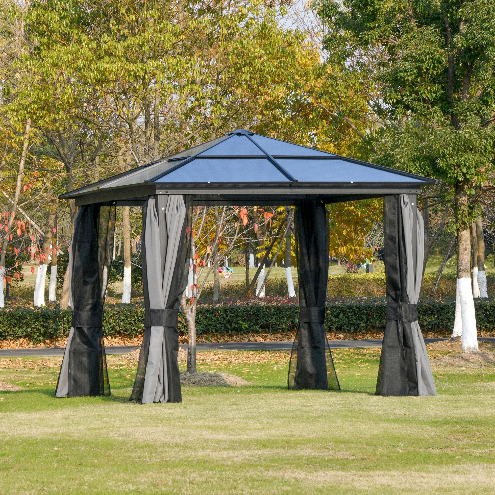 3 x 3m Hardtop Gazebo Canopy with Polycarbonate Roof & Netting/Curtains, Aluminium Frame, Dark Grey