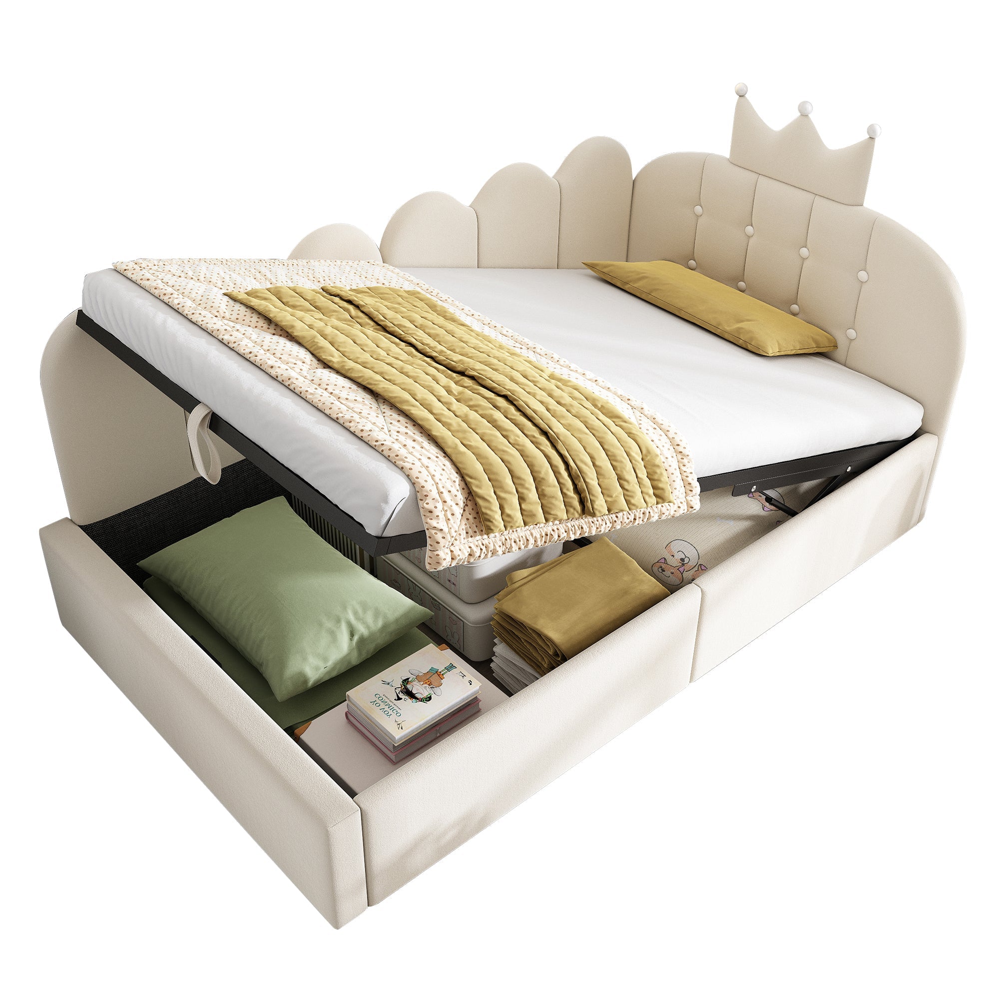 Upholstered Daybed with Hydraulic Storage and Crown-Lattice Design, 90x200cm, Beige Velvet