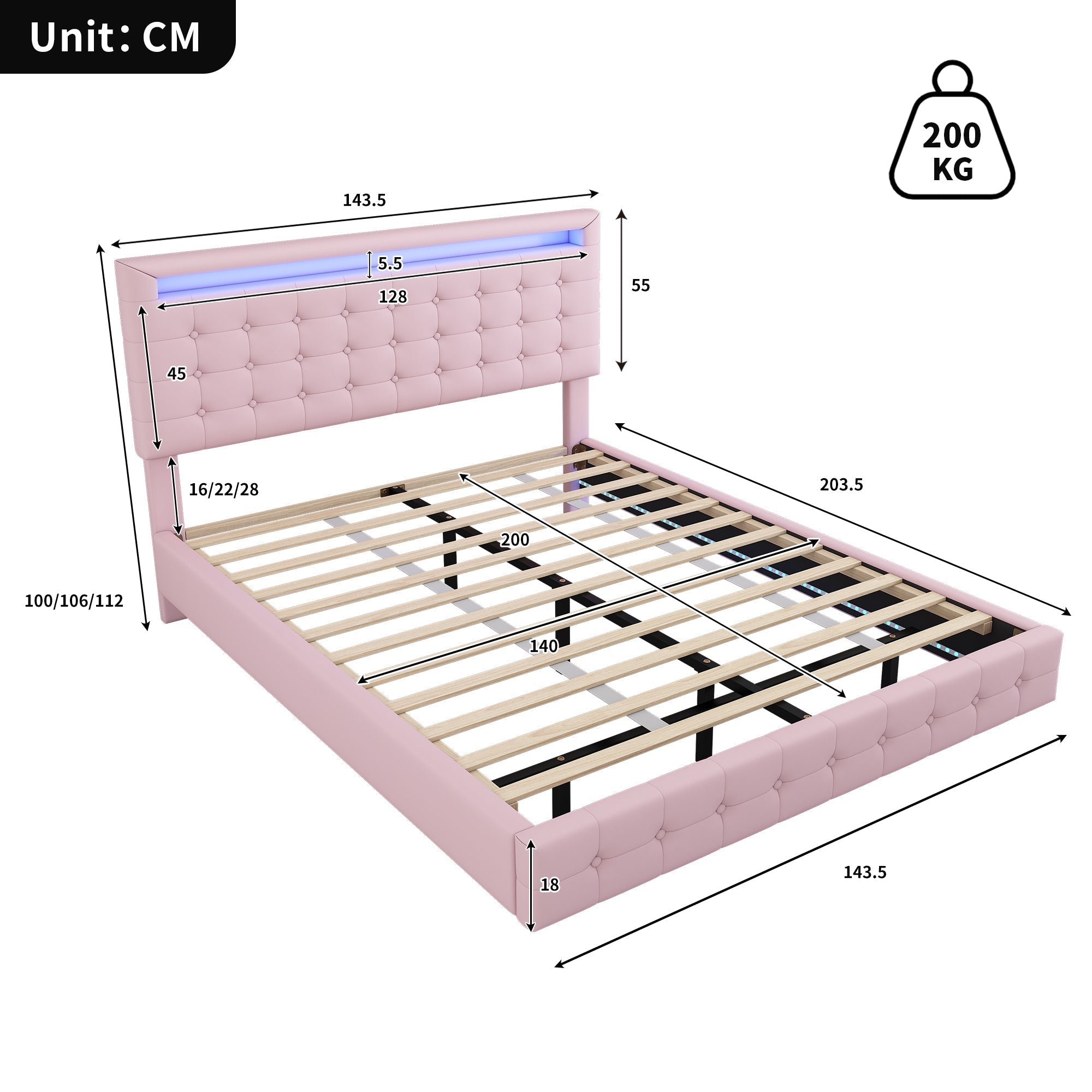 Flatbed 140x200cm LED Light Adjustable Headboard - Pink PU