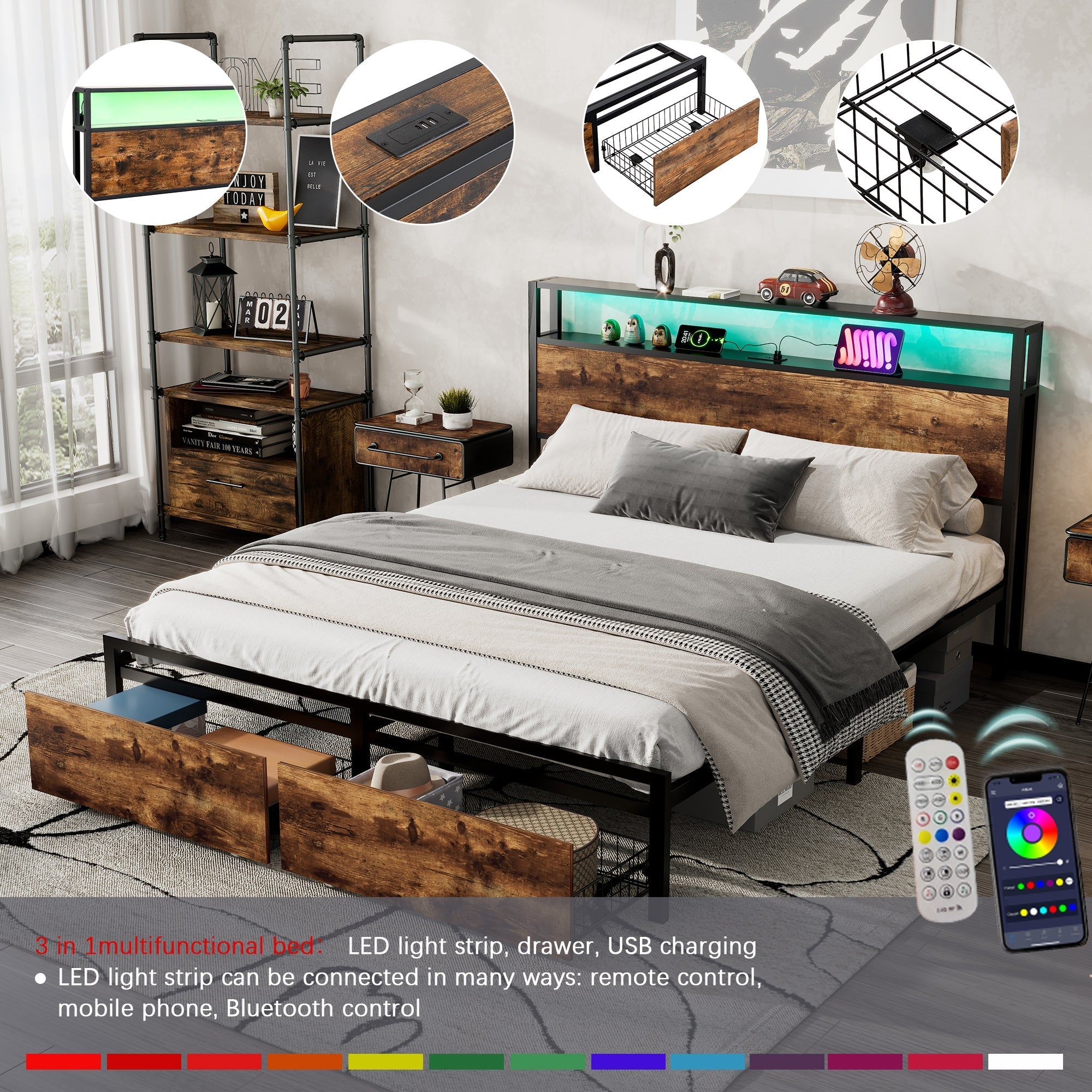 Metal Bed, 4ft6 Double with LED Strip, 2 Drawers & USB Ports, Black+Walnut Wrought Iron