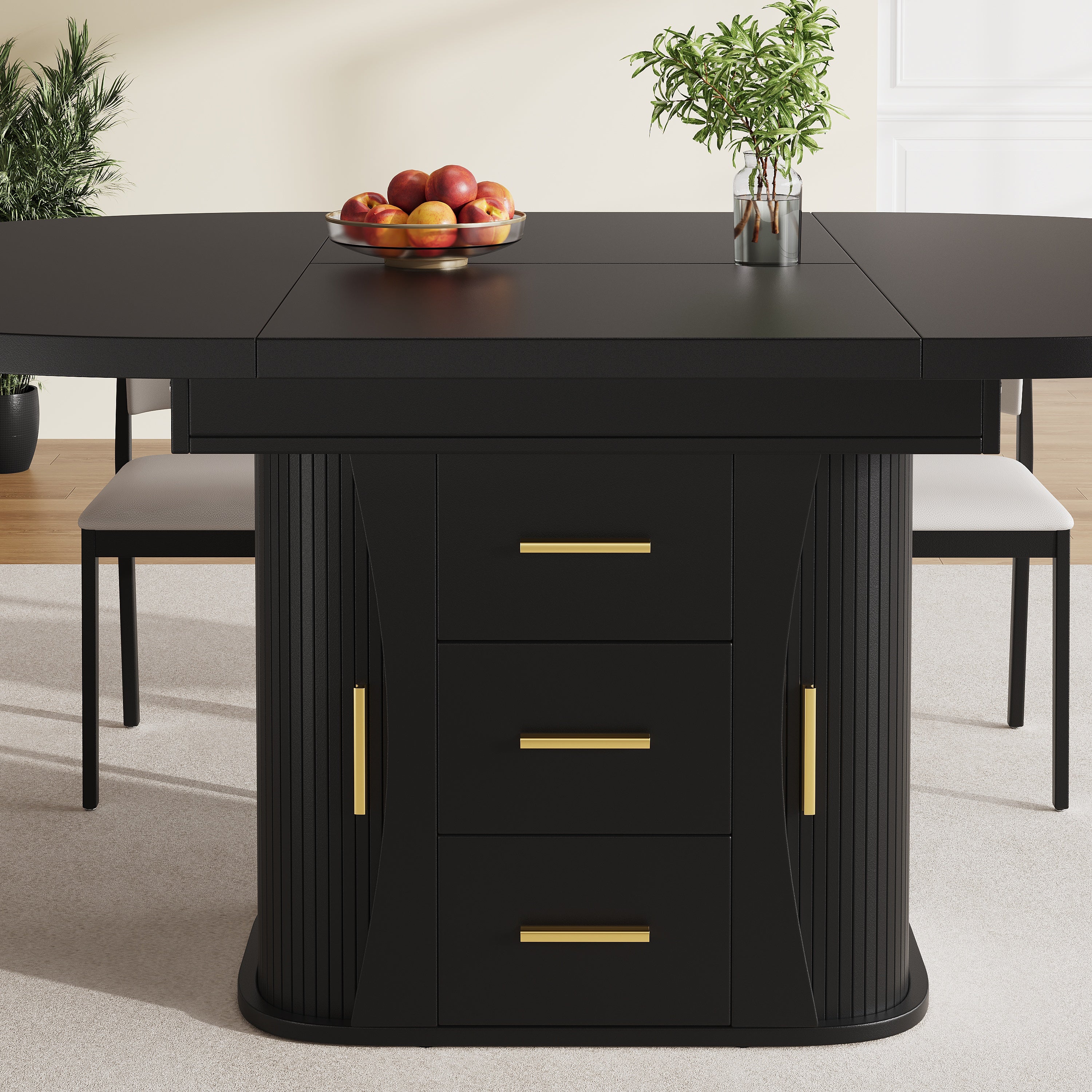 Extendable Round Dining Table, Seats 6 People with Three-tier Storage, Black