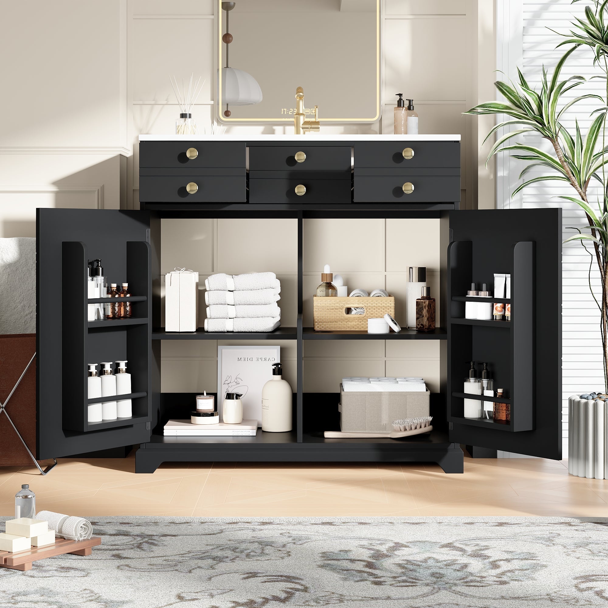 Bathroom Vanity Unit with Ceramic Sink and Storage Drawers, Black and Gold