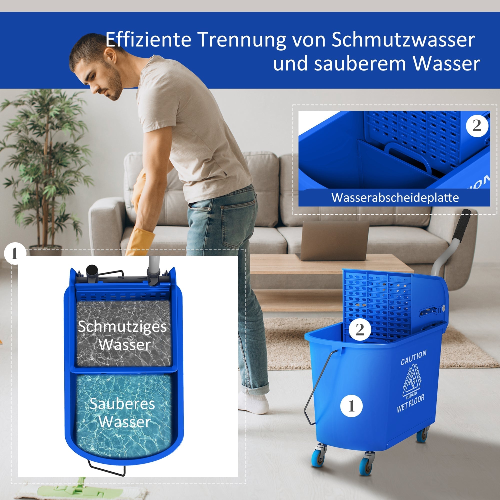Reinigungswagen, 20L mit Schleuder und Trennsystem, Blau