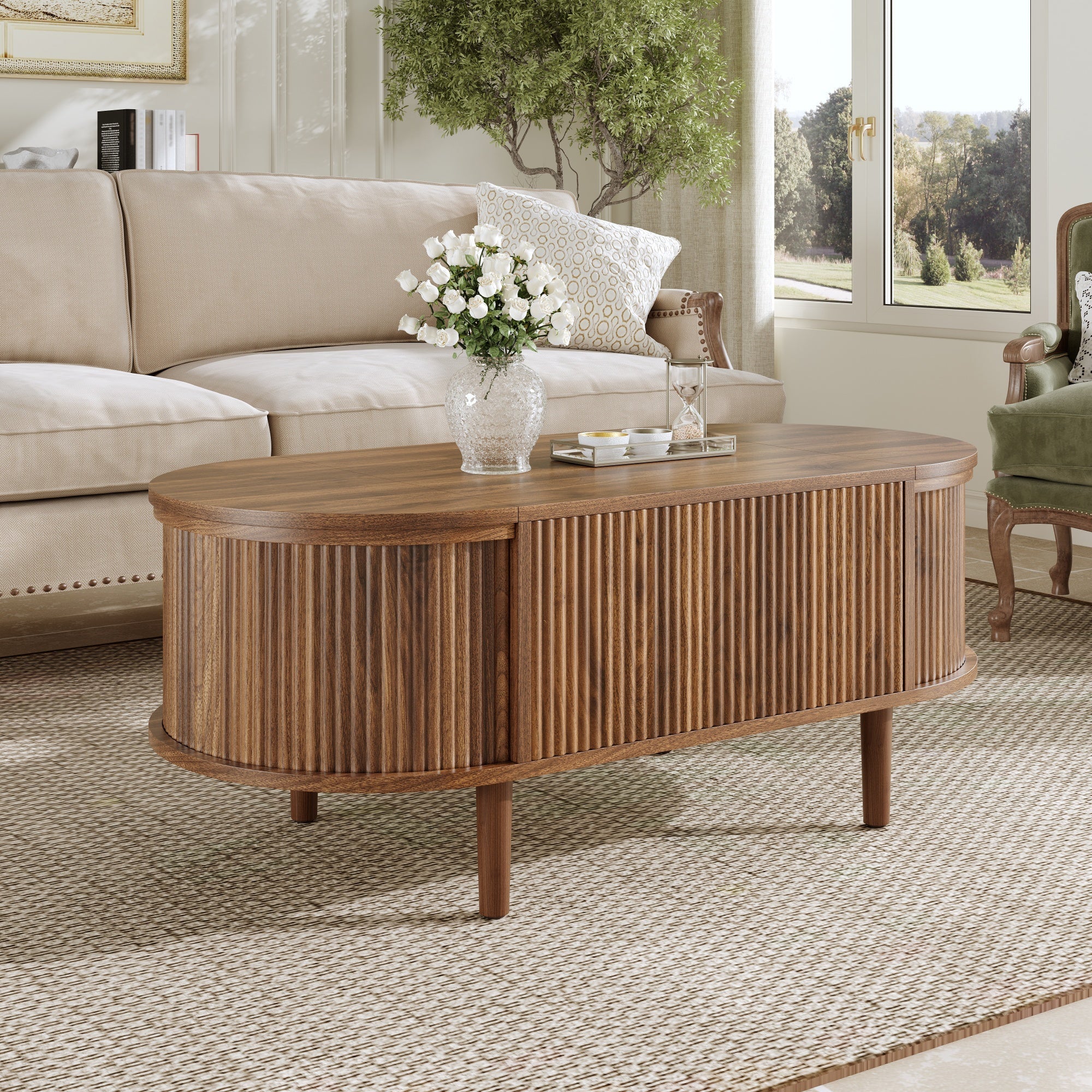 Oval Coffee Table with Adjustable Storage and Vintage Style, Solid Wood Legs