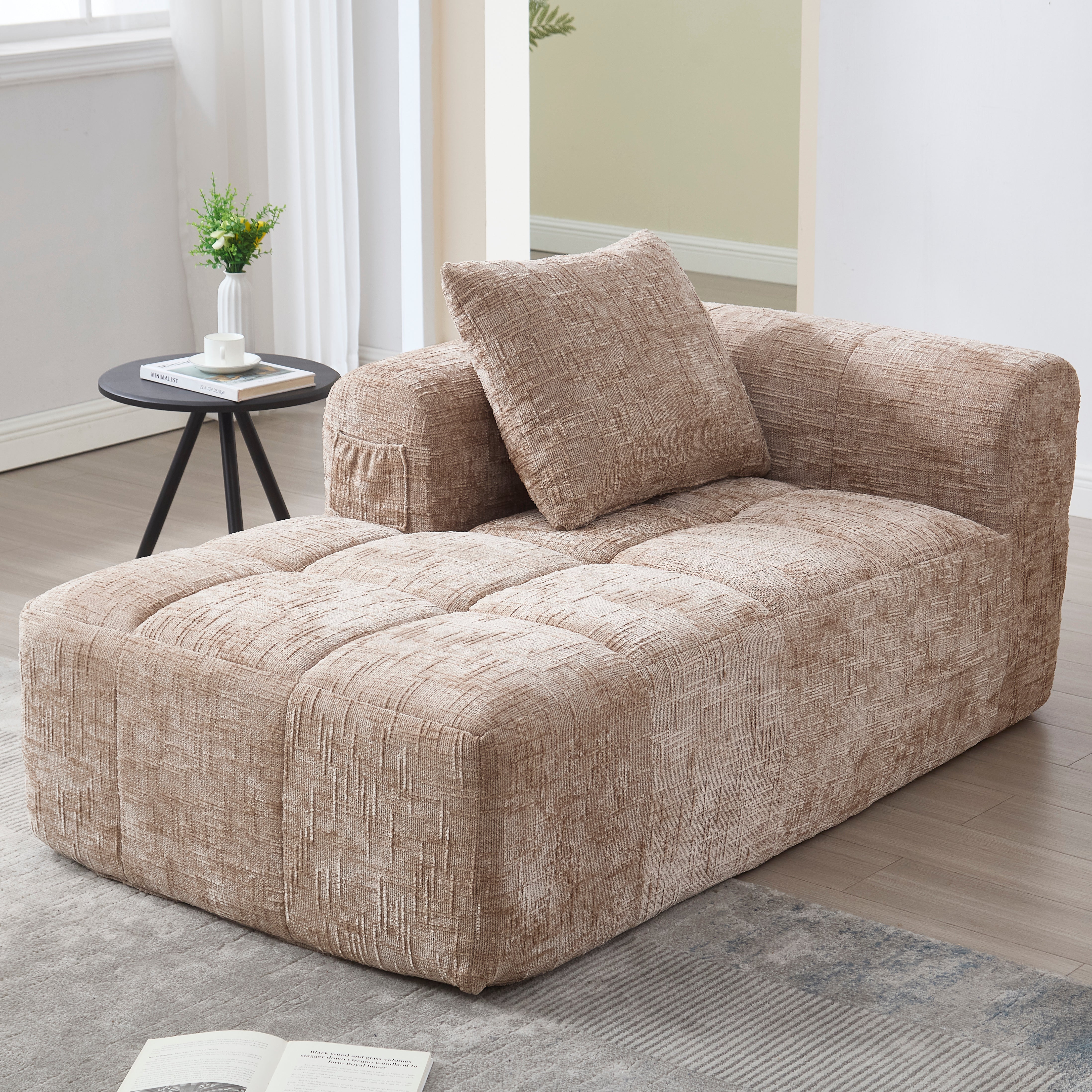 Chaise Longue Sofa, Soft Cushions Side Pockets, Khaki