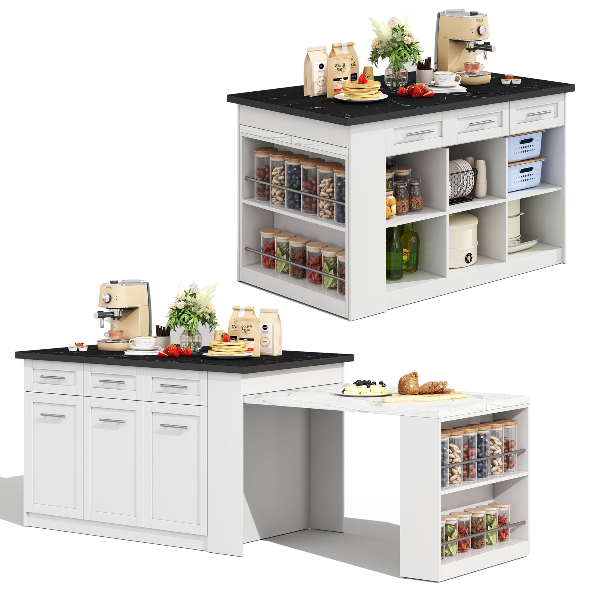 White kitchen island with black countertop and storage shelves on a white background