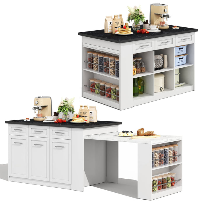 White kitchen island with black countertop and storage shelves on a white background