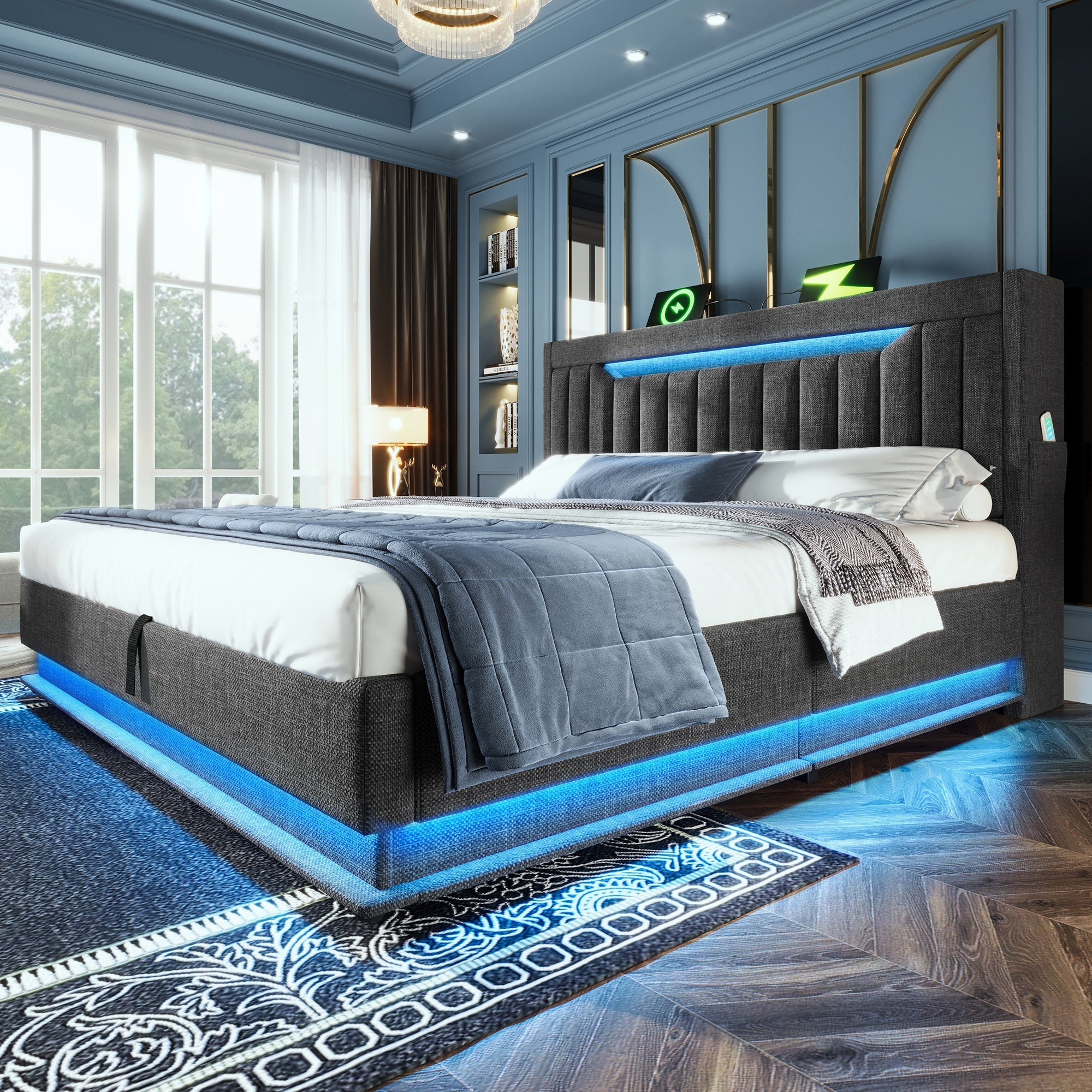 Upholstered Double Bed 160x200cm, Hydraulic Storage LED Headboard USB/Type-C, Grey Linen