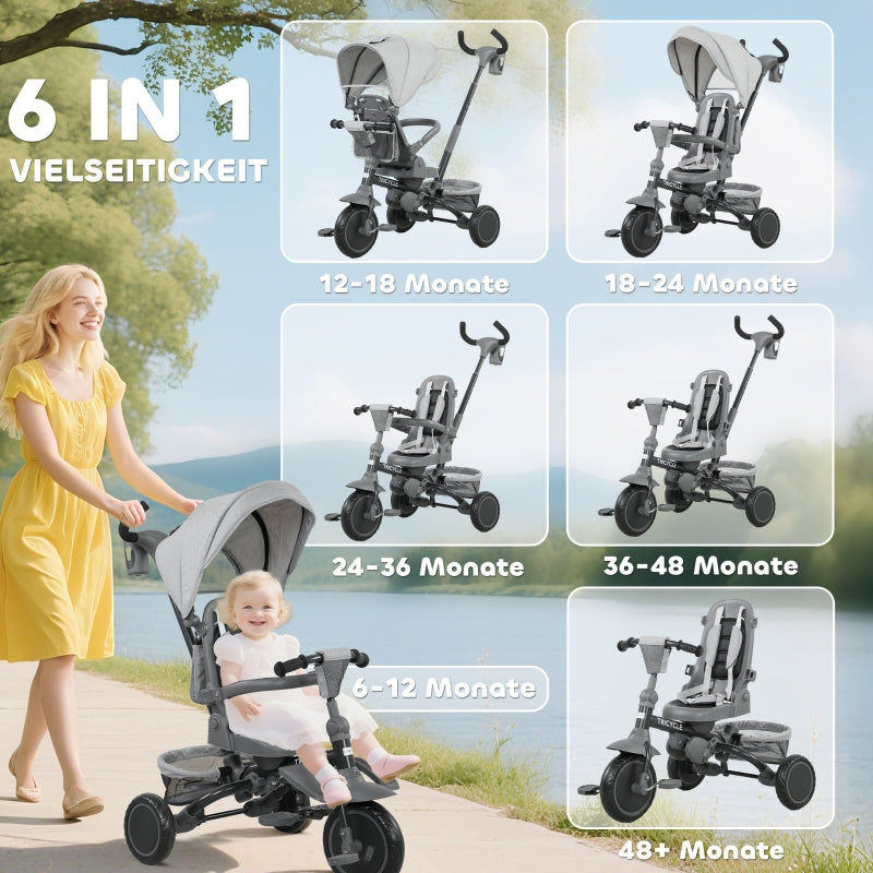 Children's Tricycle, 6-in-1 Buggy for Toddlers with Adjustable Seat and Foldable Design, Grey