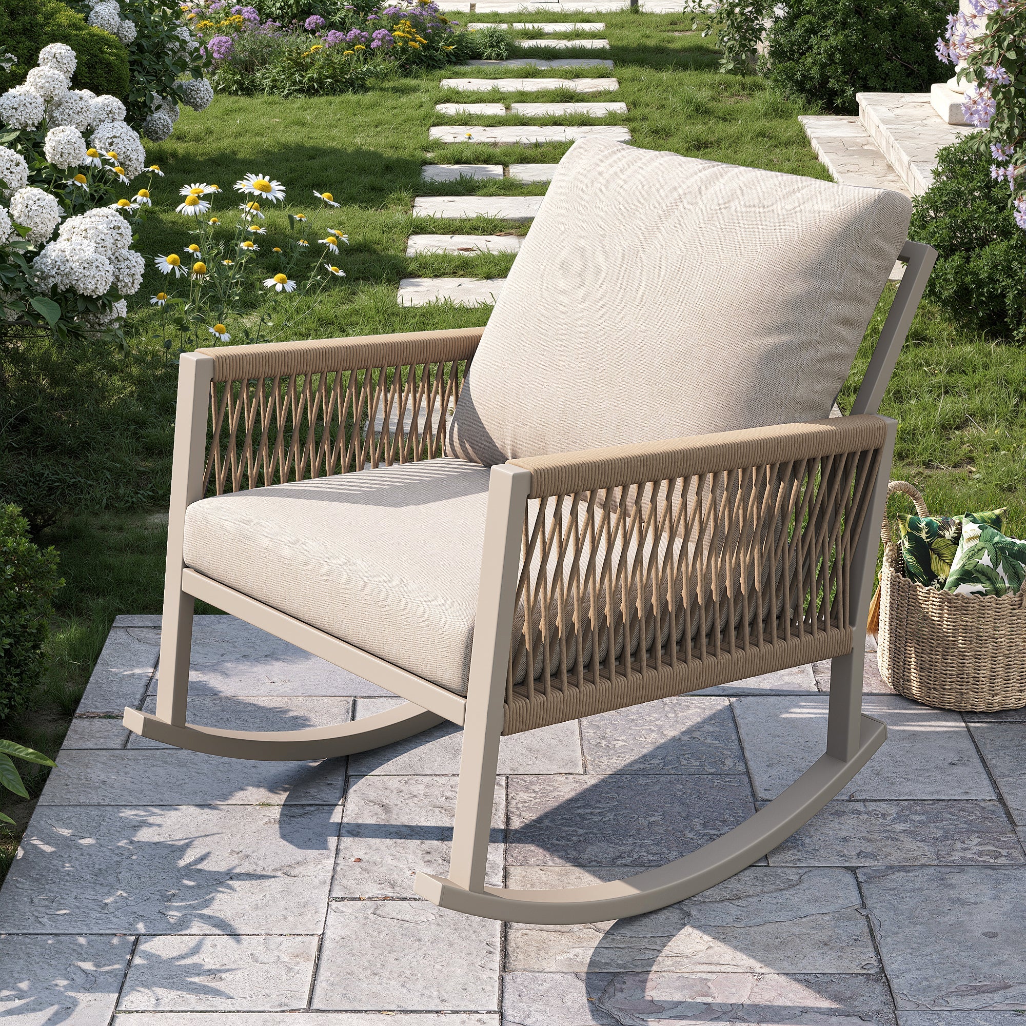 Outdoor Rocking Chair with Cross-Rope Weaving and Cushions, Weatherproof Metal Frame
