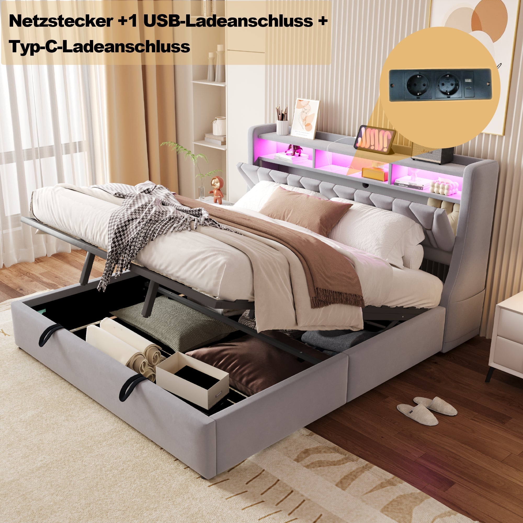 Upholstered Bed 180x200cm Hydraulic Storage Headboard with Power Outlet LED Light Grey Velvet