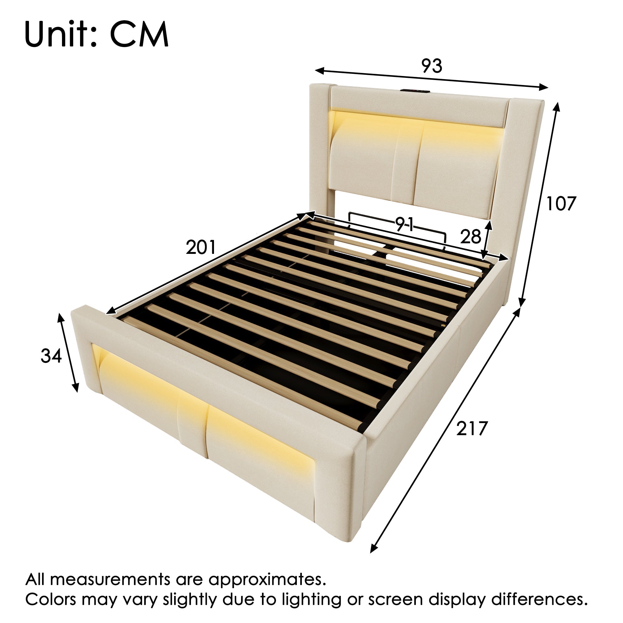 Single Bed 90x200 cm with Hydraulic Storage, LED Lighting, USB Ports and Mattress, Beige Velvet