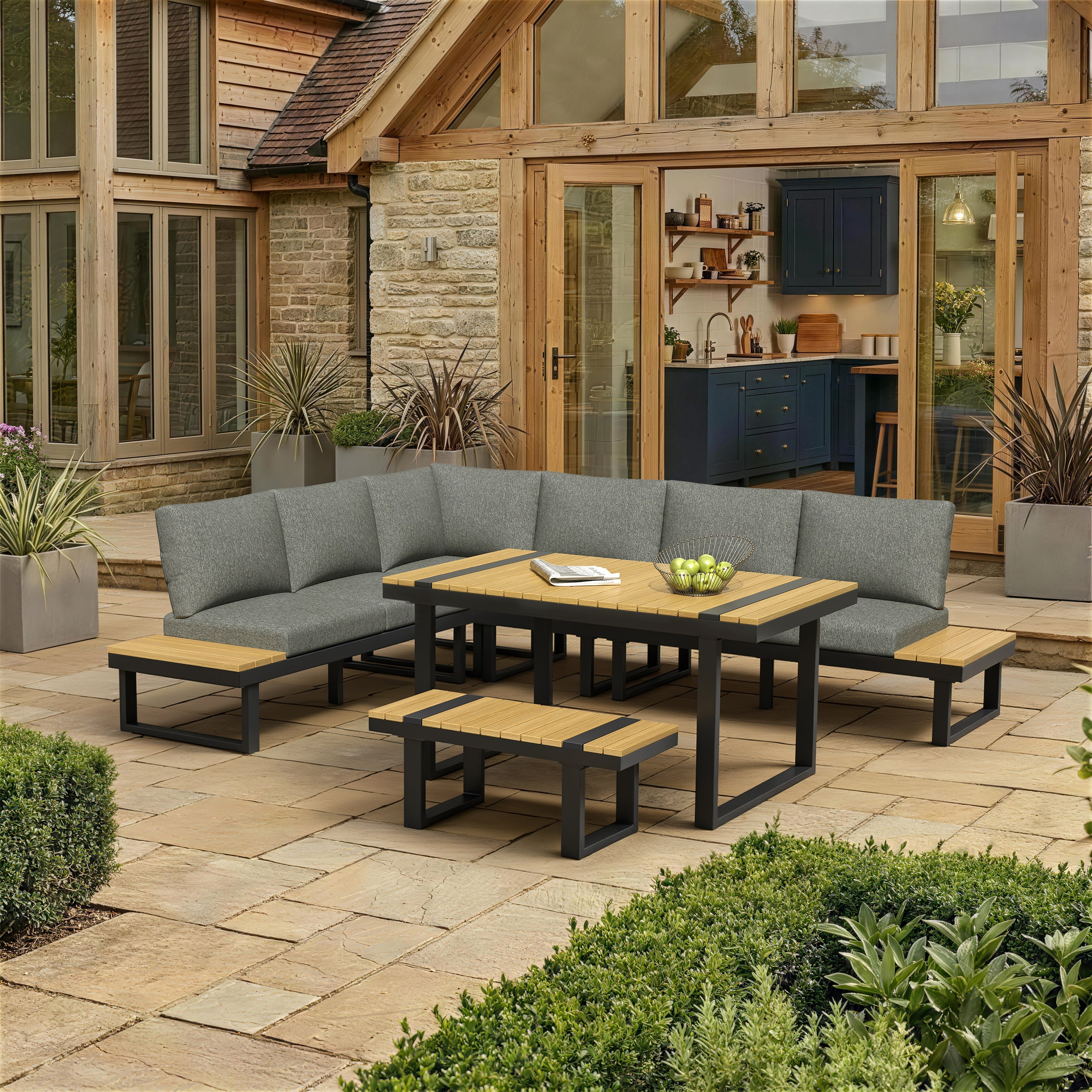 Garden Dining Set with Adjustable Tilt and Corner Configuration, Grey and Black