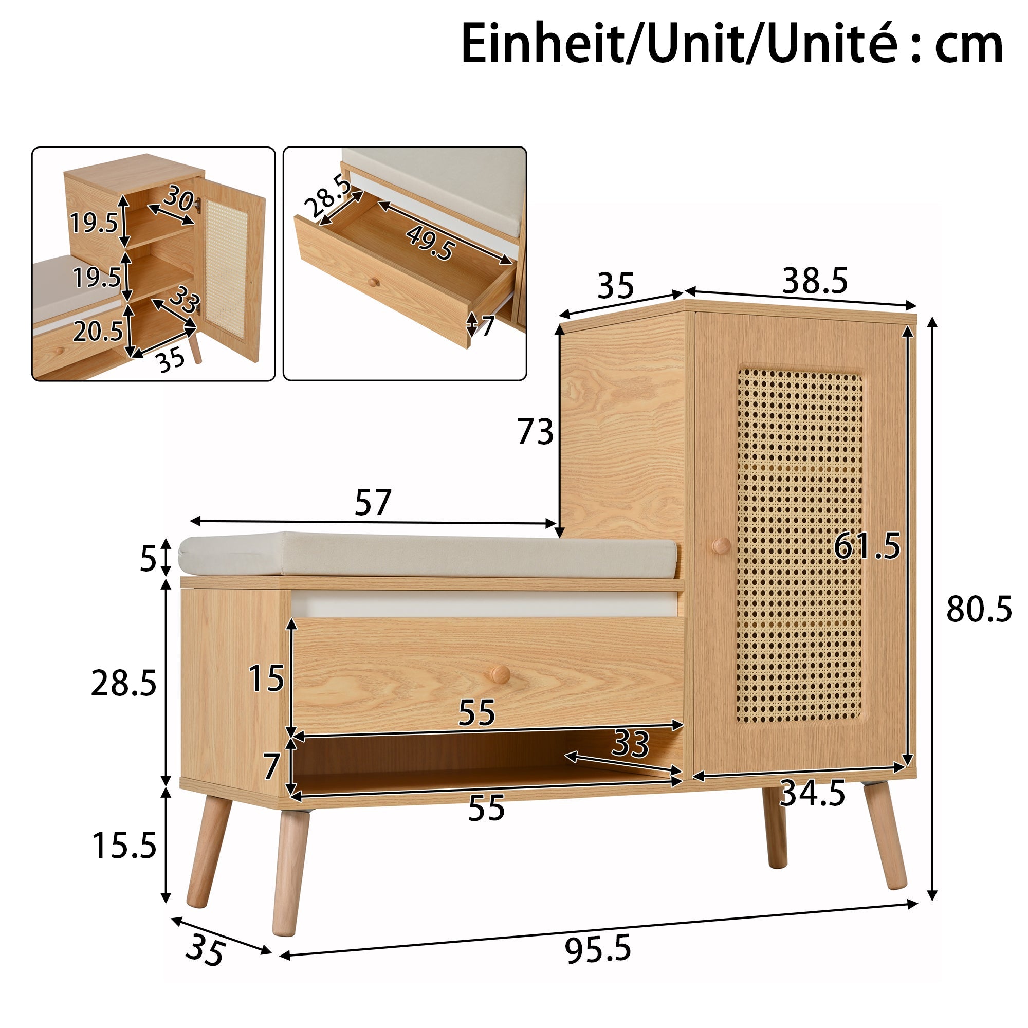 Shoe Cabinet, Entryway Bench with Storage Drawers and Seat Cushion, Rattan