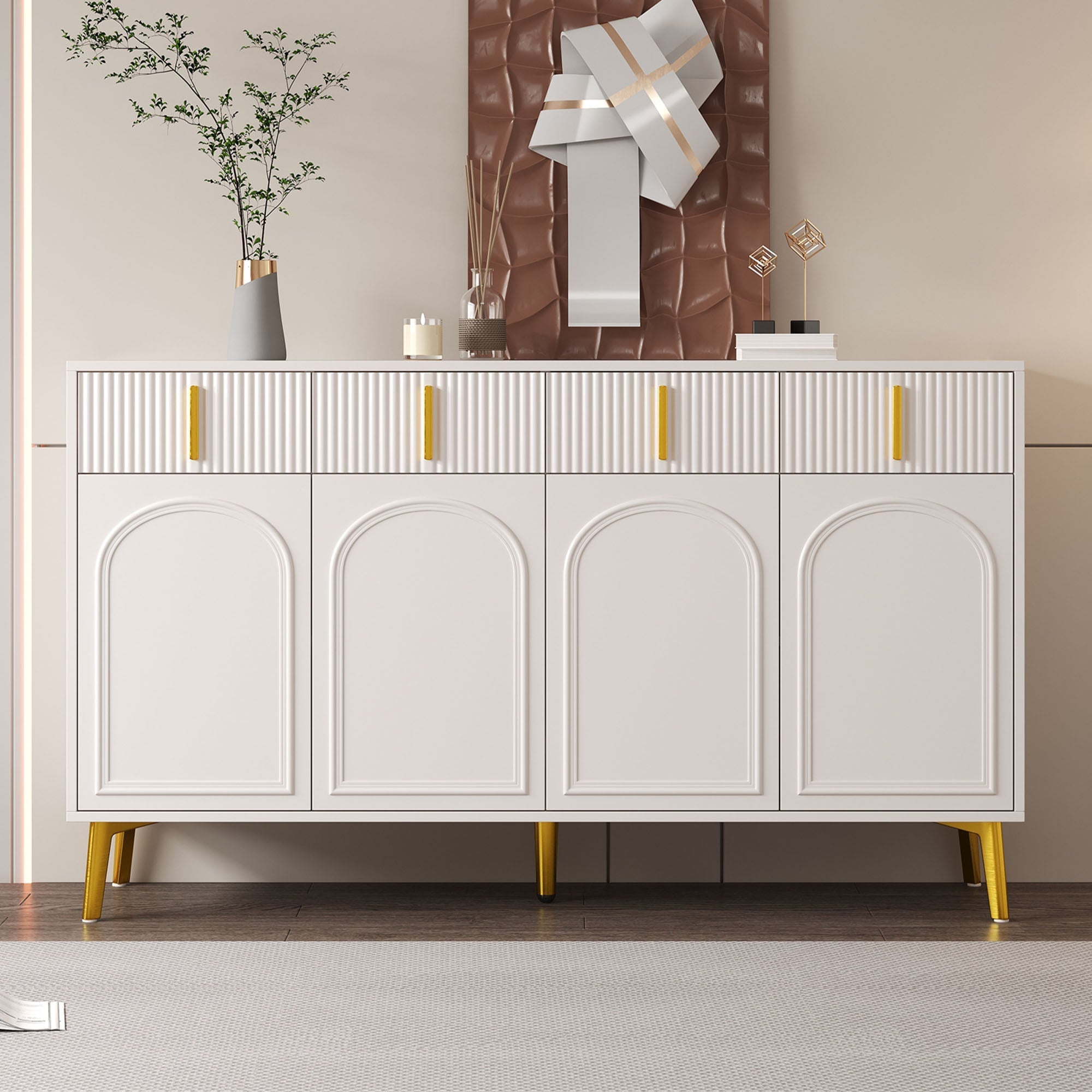Sideboard, 4 Doors 4 Drawers, Gold Handles Legs, White MDF