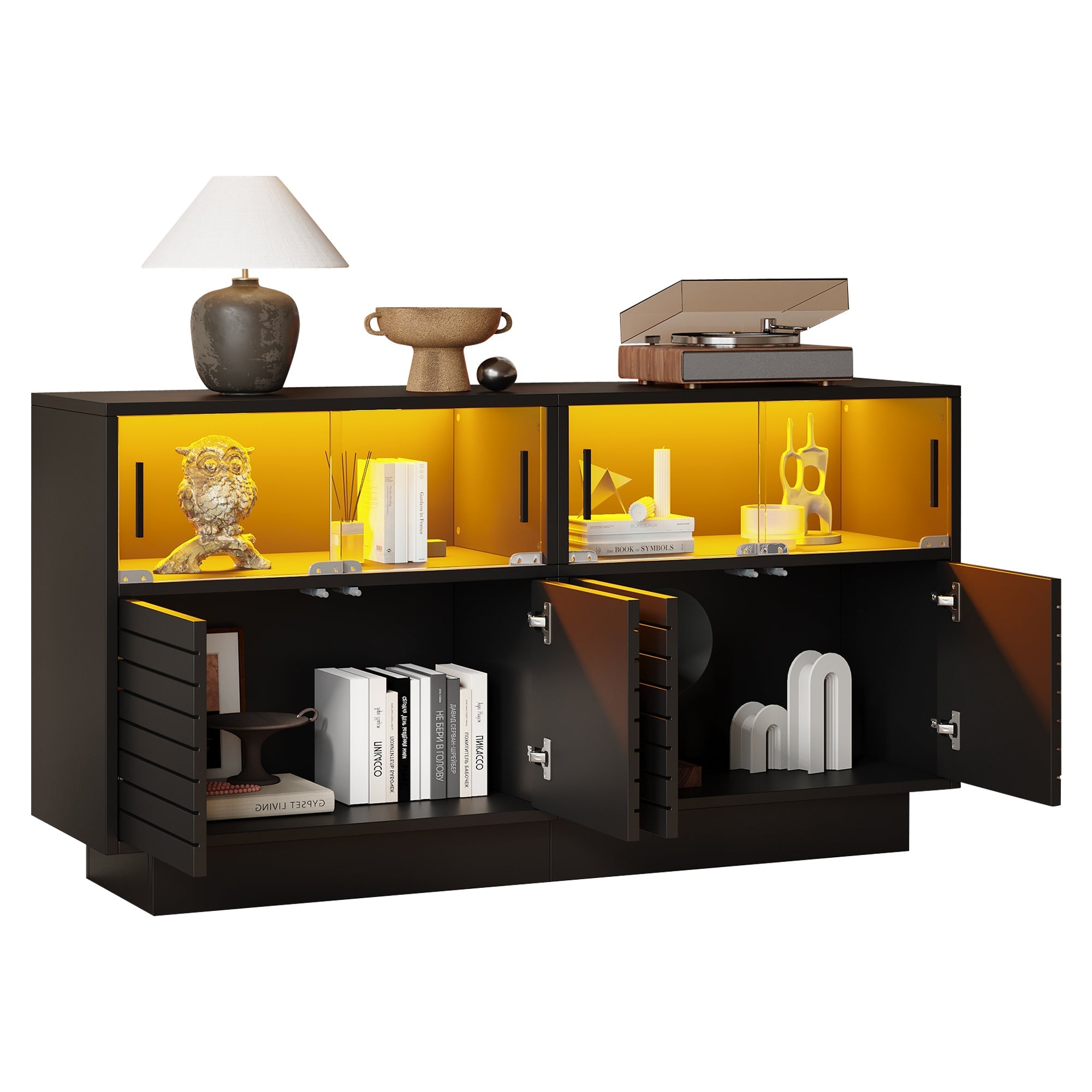 Sideboard, 130cm Glass Door Cabinet with LED Light, Modern Highboard