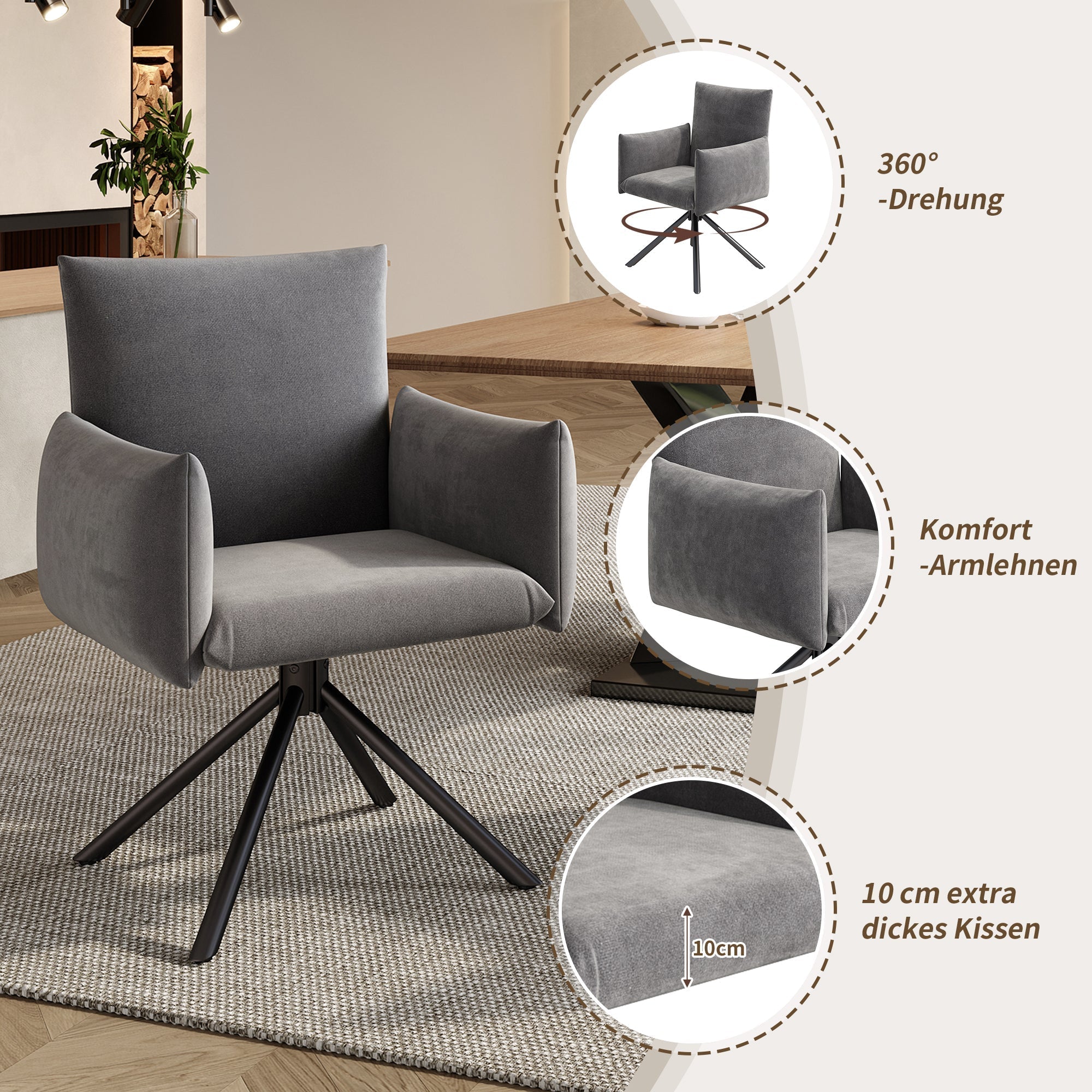 Set of 2 Swivel Chairs Upholstered Metal Legs Lumbar Support - Velvet Grey