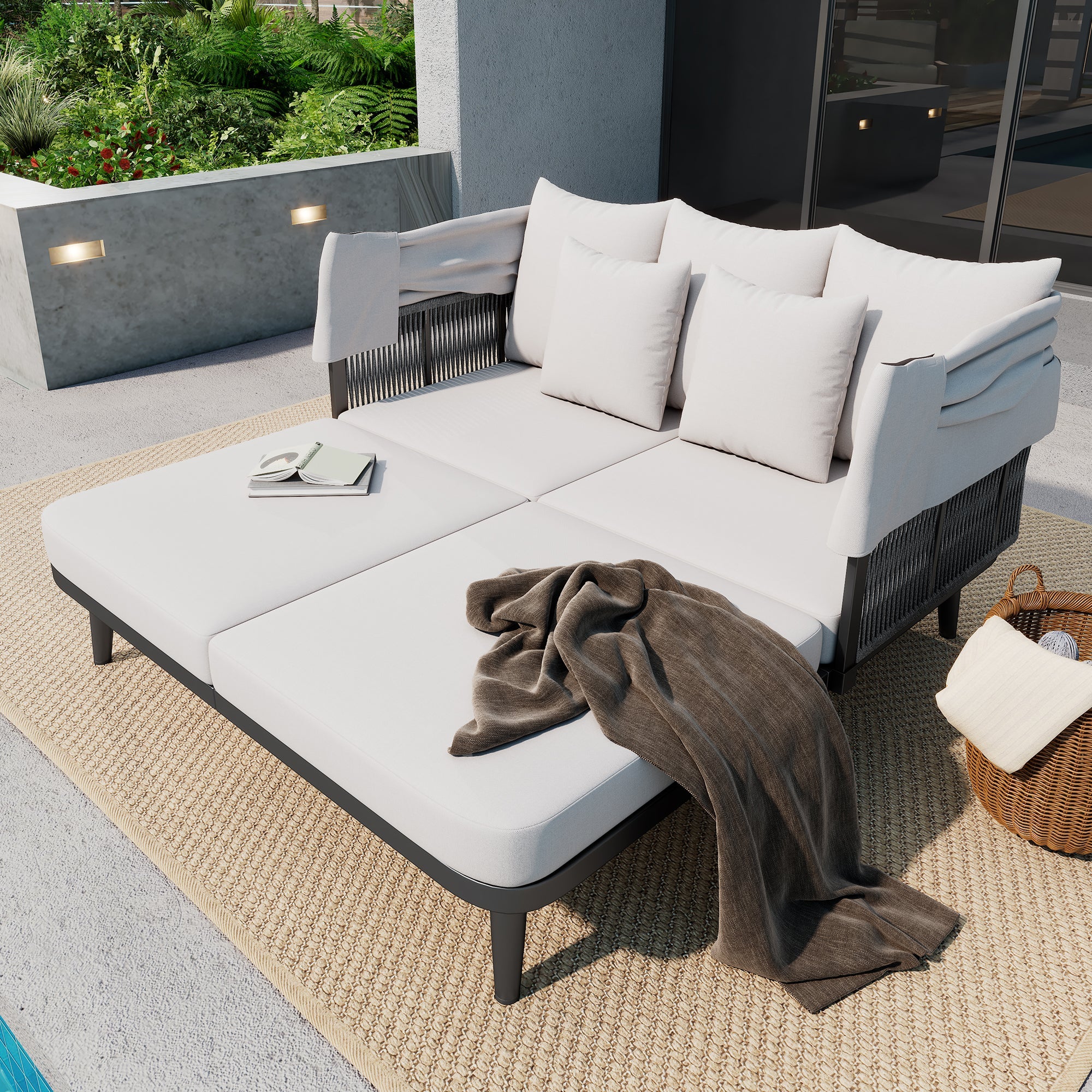 2-Person Garden Sun Lounger with Retractable Awning and Handwoven Rope, Grey