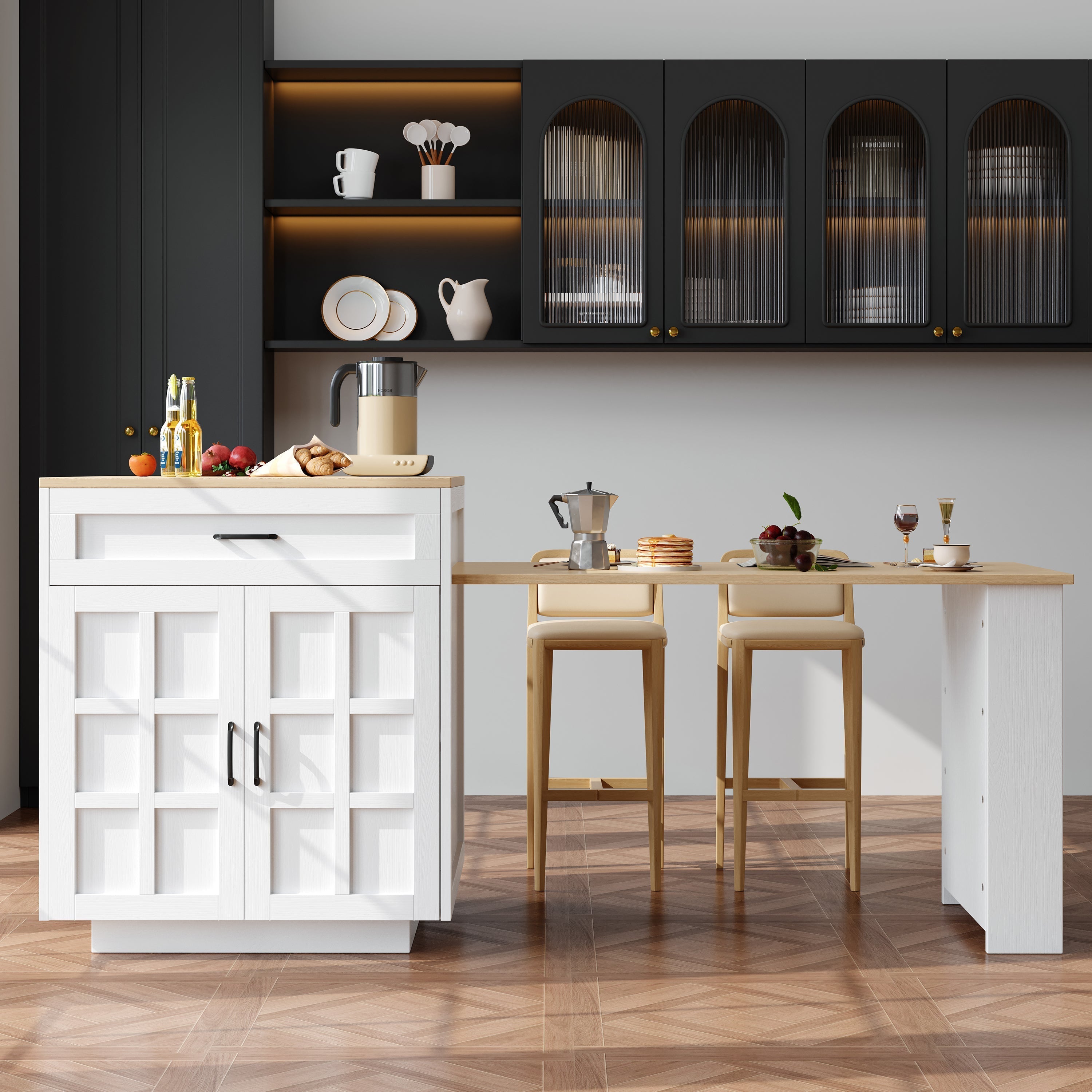 Extendable Bar Table Kitchen Island Dining Cart with Storage Drawers and Shelves White