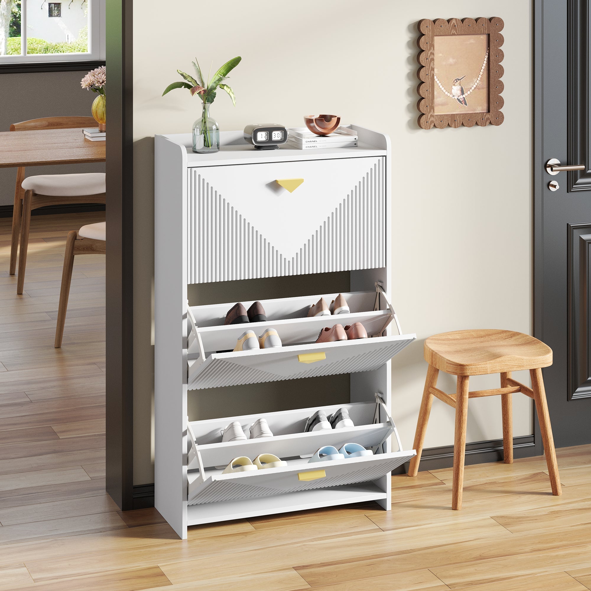 Shoe Cabinet 70x30x120cm 3 Drop-Down Doors Adjustable Width - White MDF