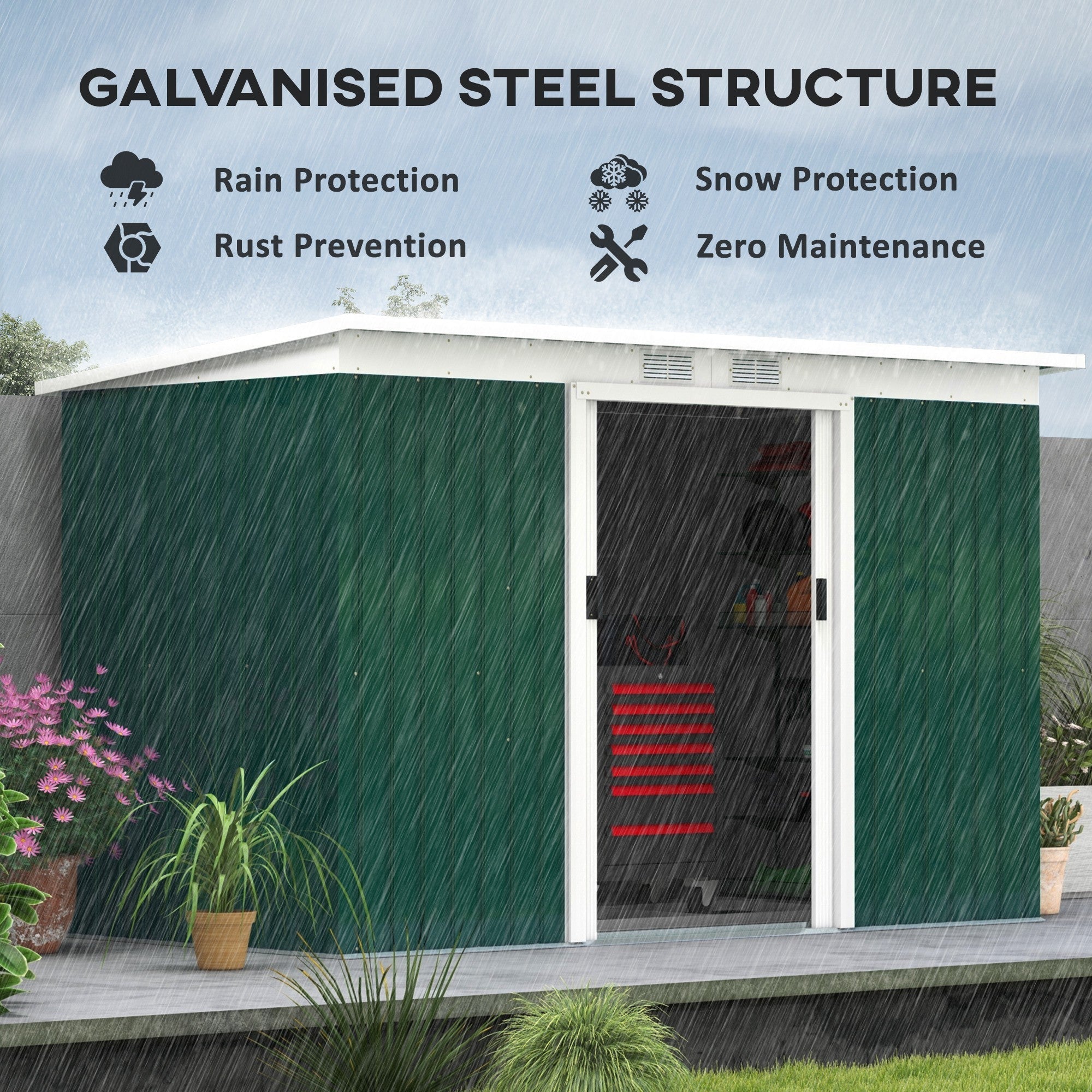 9ft x 4ft Metal Garden Shed with Foundation Kit, Ventilations, Double Doors, Deep Green