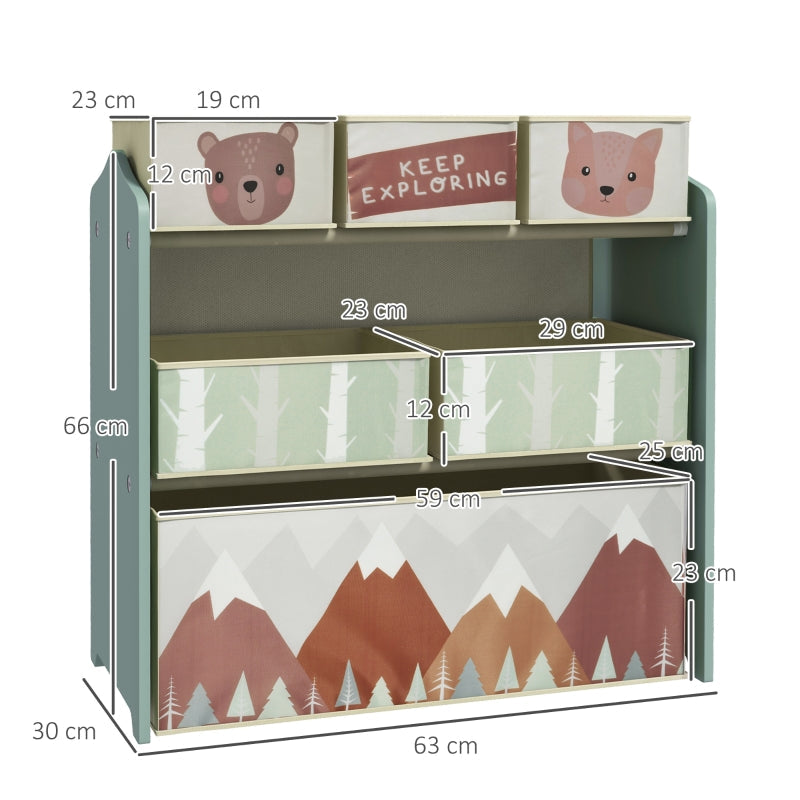 Kids Storage Unit Toy Organiser with Six Fabric Bins - Green
