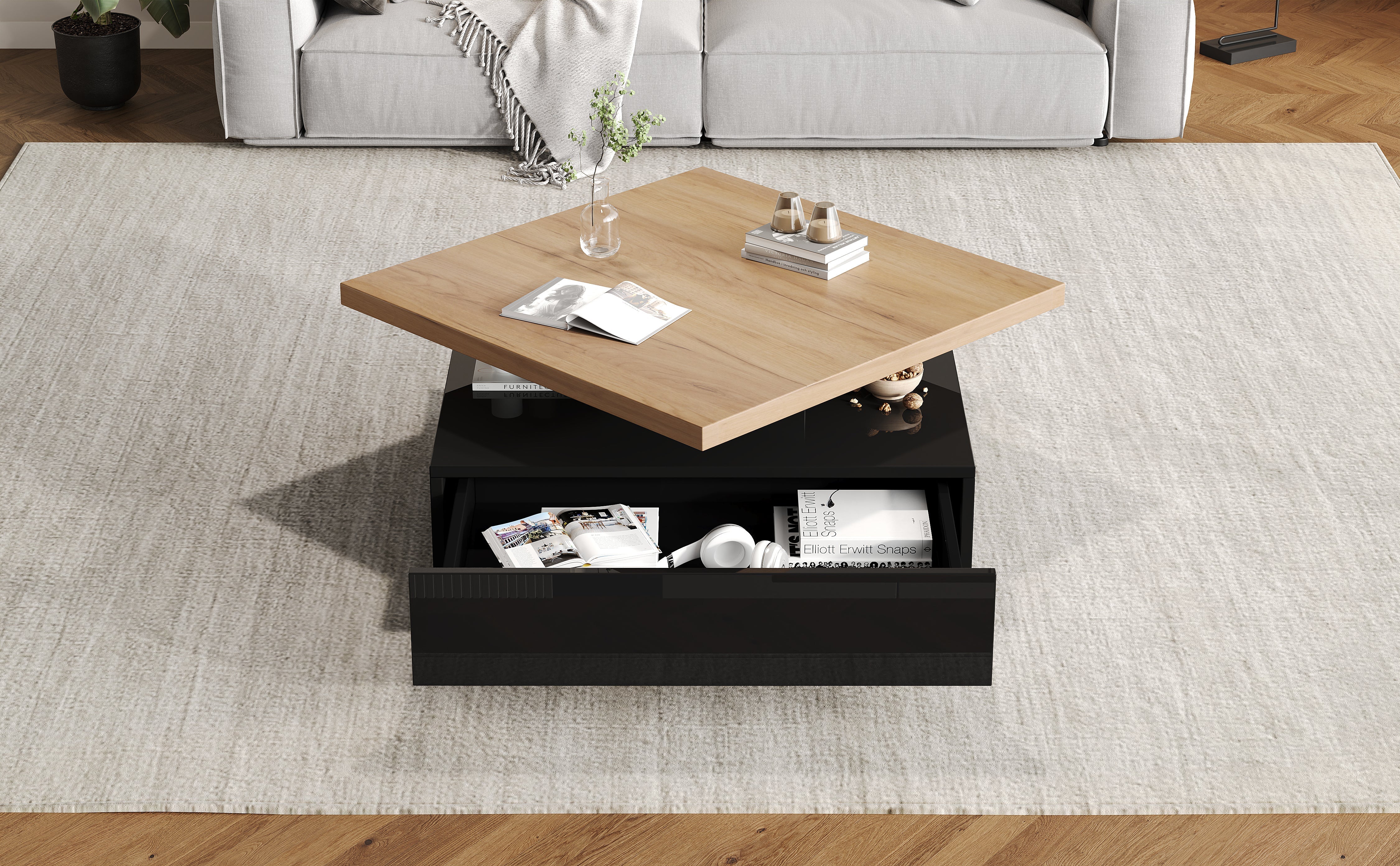 Coffee Table Multifunctional 360° Swivel 2-Tier Storage - Natural/Black Chipboard