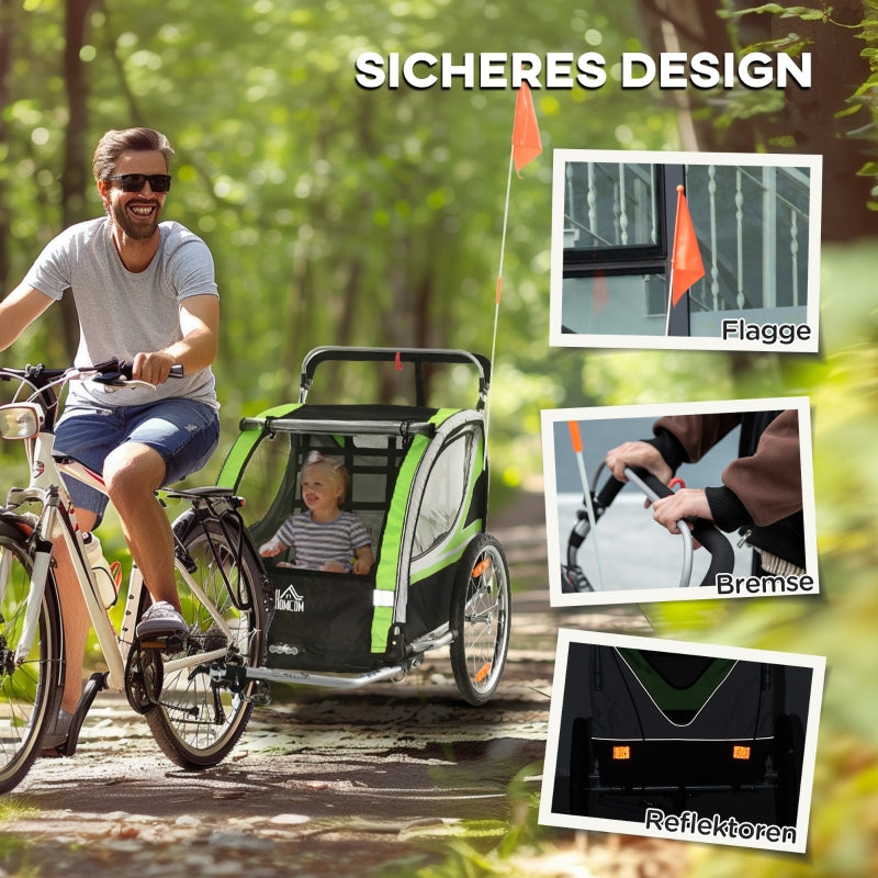 2-in-1-Fahrradanhänger, 2 Kinder, Schiebewagen, Regenverdeck, Bremse, Grün