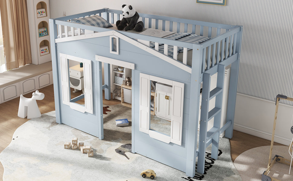 Loft Bed, Flexible Design with Window & Ladder, Pine + MDF + Plywood, Blue