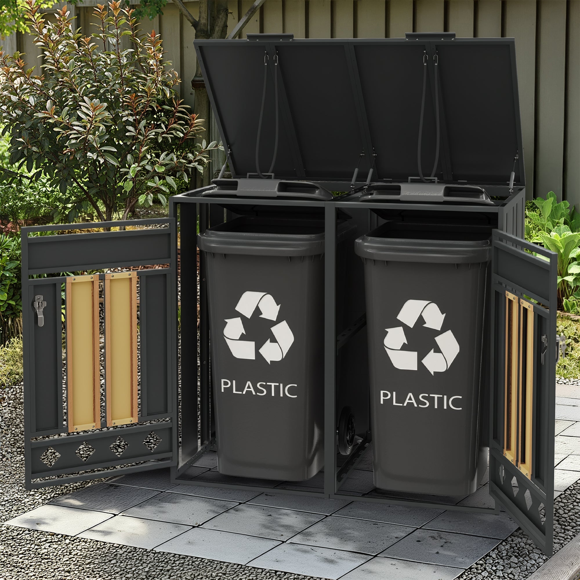 Bin Storage Box with Hinged Lid and Lockable Two Doors, Vertical Wood Grain