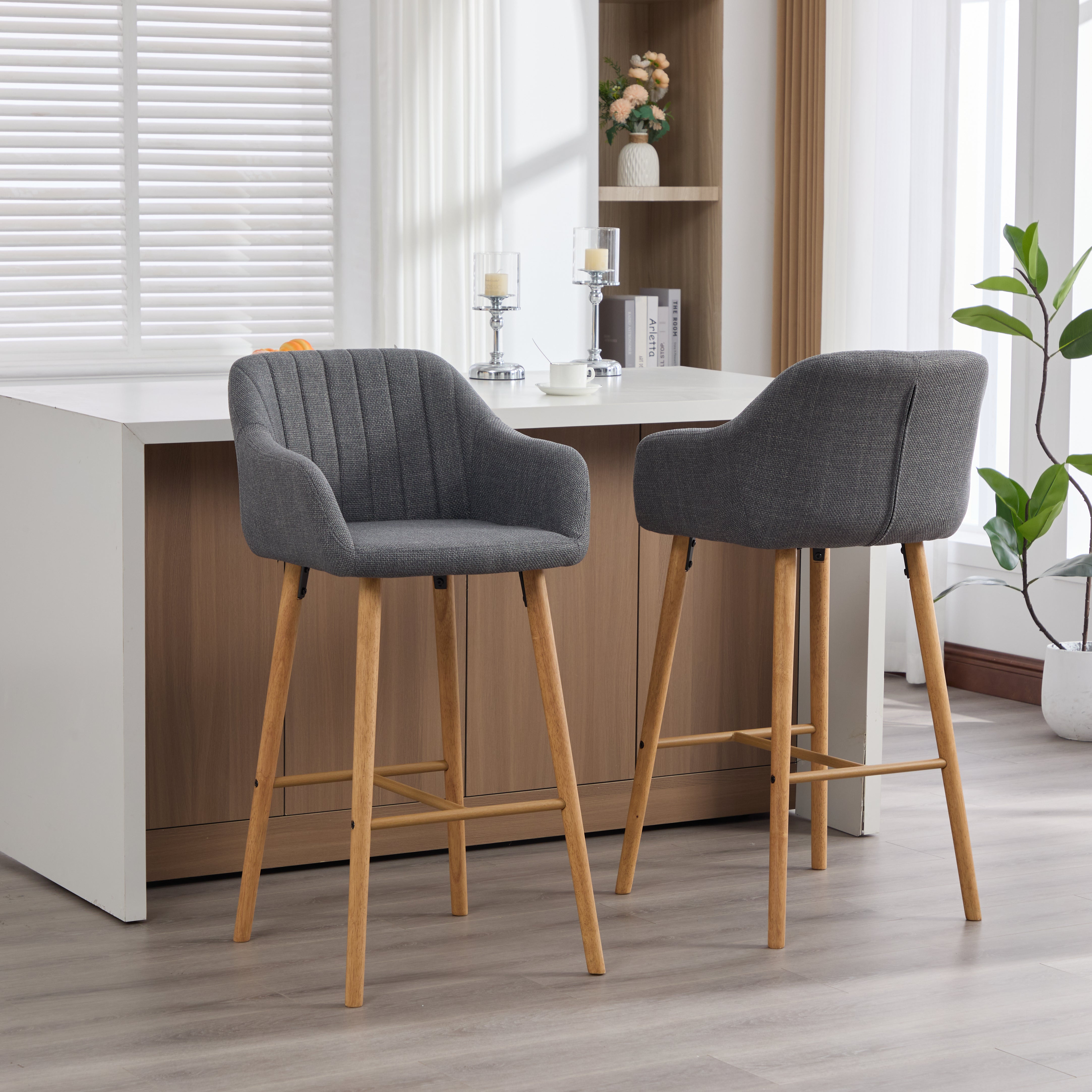 Modern Bar Stools Set of 2 with High Backrest and Armrests, Beige Linen