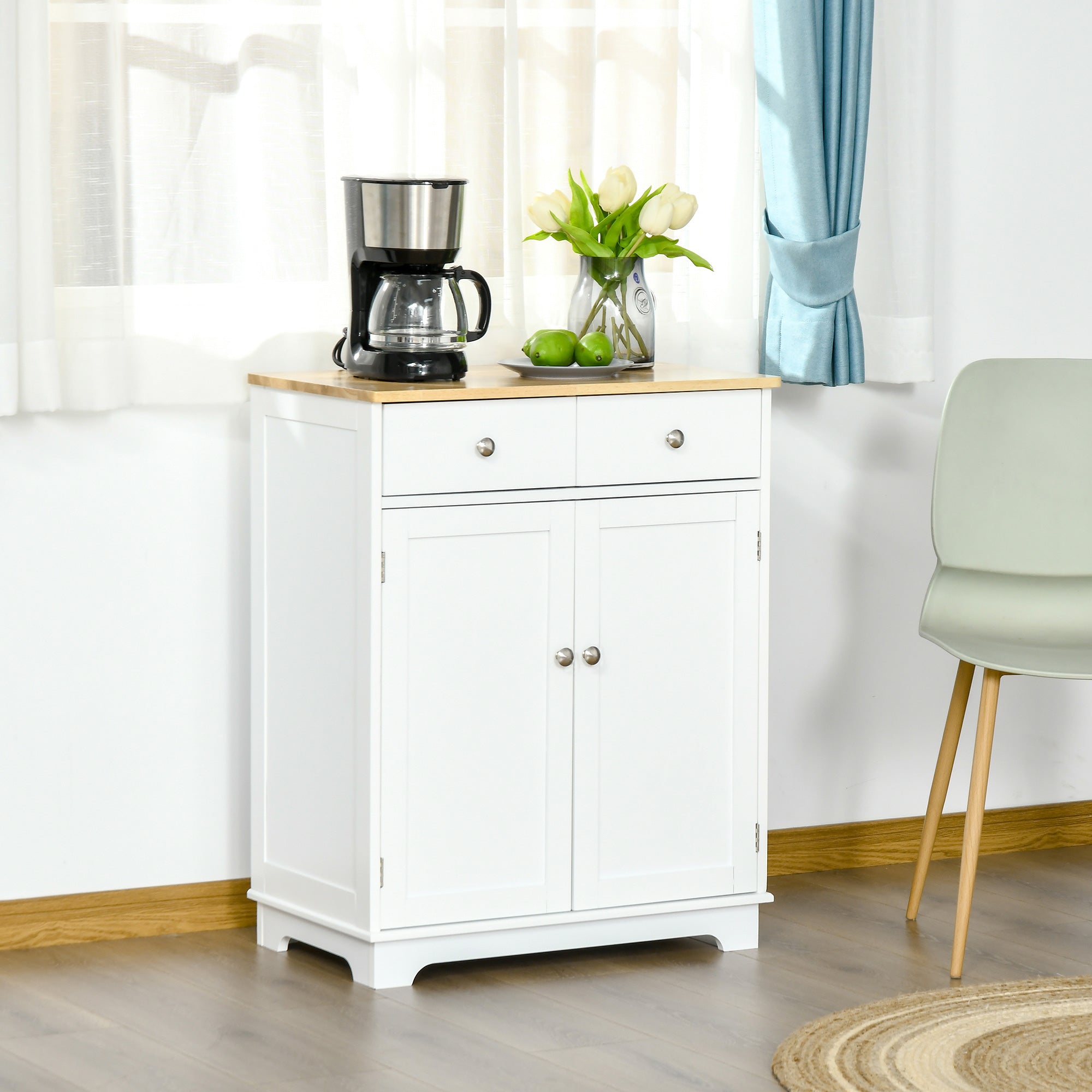 Kitchen Cabinet Side Storage Sideboard with Solid Wood Top, Adjustable Shelf & Drawer, Multicolor Engineered Wood
