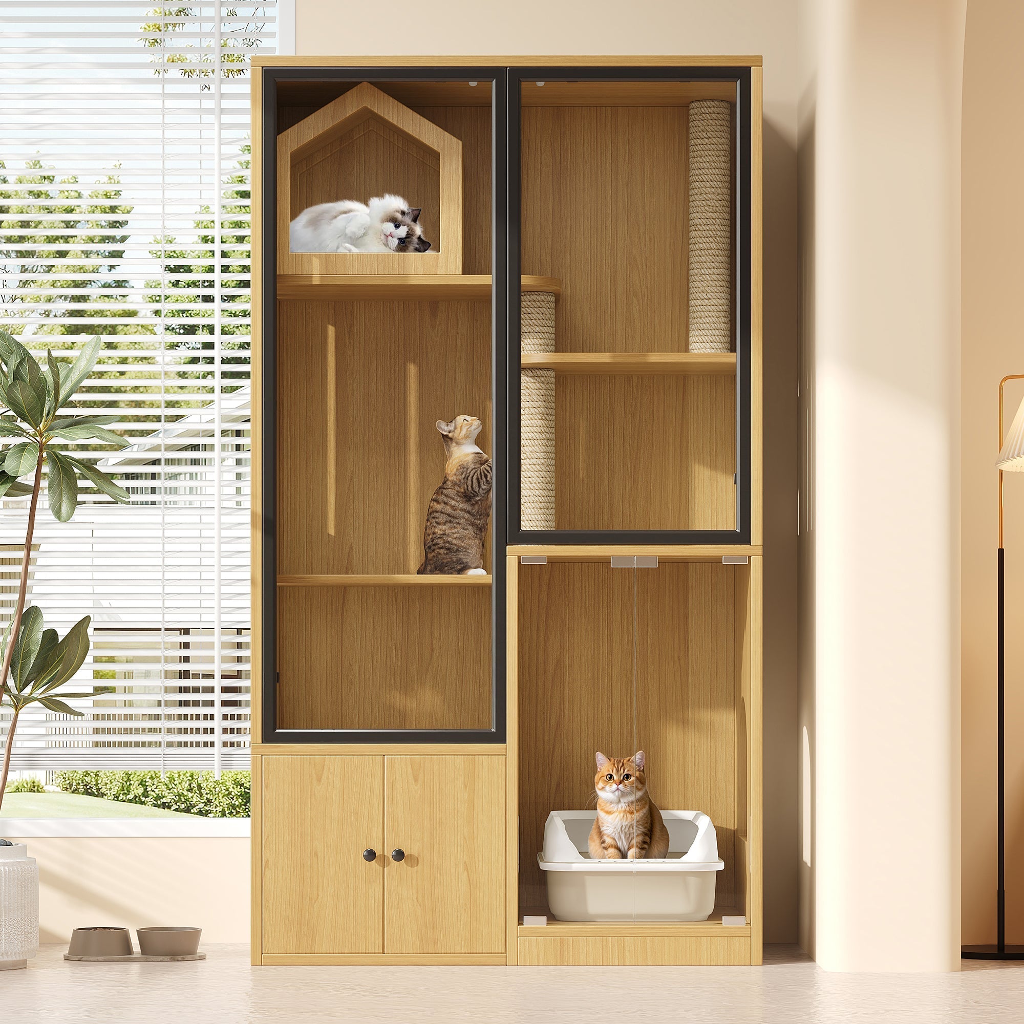 Cat House 4-Story Glass 90x50x160cm with Scratching Post - Yellow Maple Wood