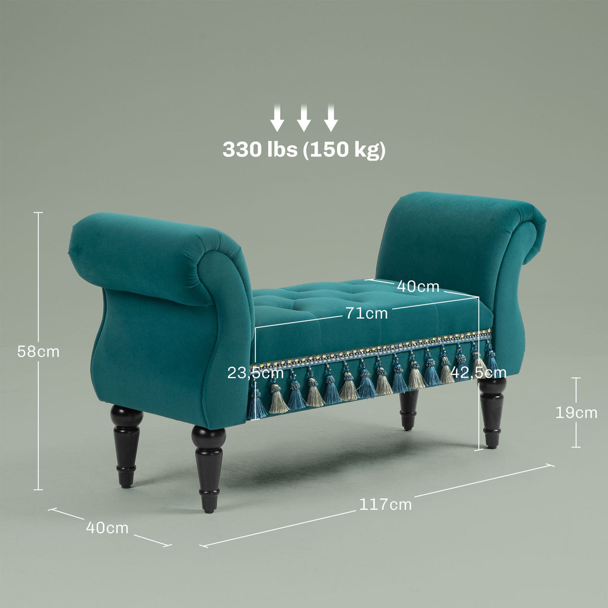Bench, Upholstered Velvet Look 117 x 40 x 58 cm, Green