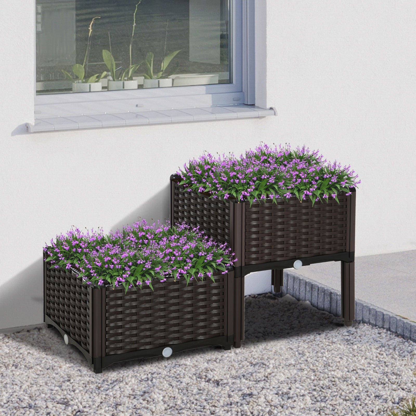 Raised Bed Double Planter, Rattan Look, 80x40x44cm, PP, Brown