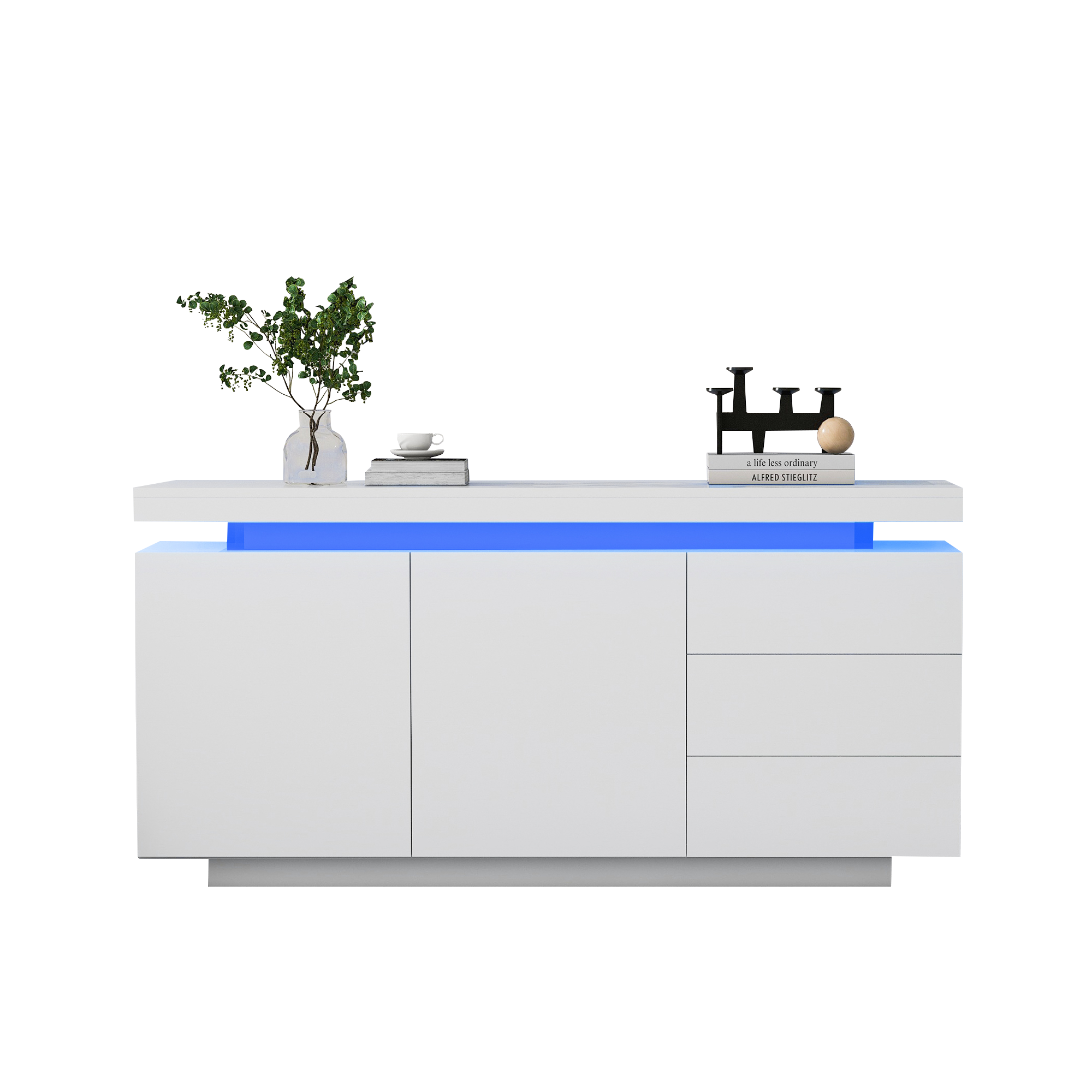 Sideboard Cabinet Modern Living Room with LED Light, 2 Doors 3 Drawers, High Gloss White