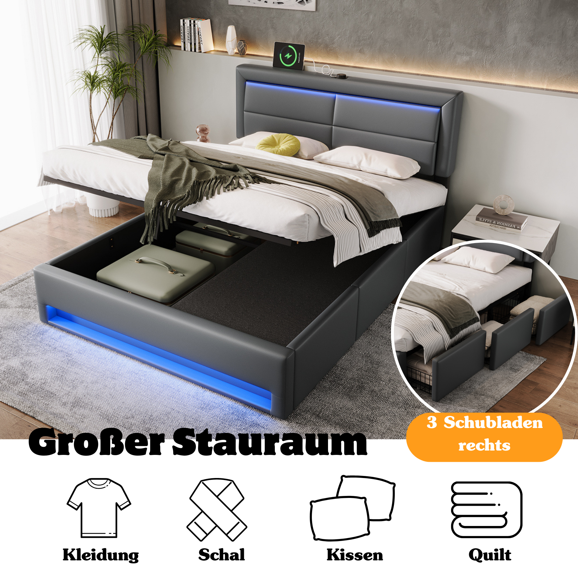 Upholstered Hydraulic Bed with USB, LED and 3 Storage Drawers, 140x190cm, Grey PU Leather