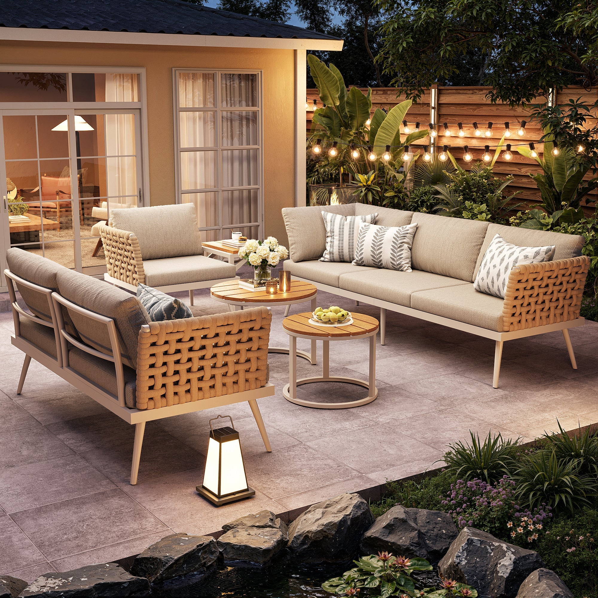 Six-Seater L-Shaped Garden Sofa Set with Hand-Woven Armrests and Coffee Tables, Grey and Beige